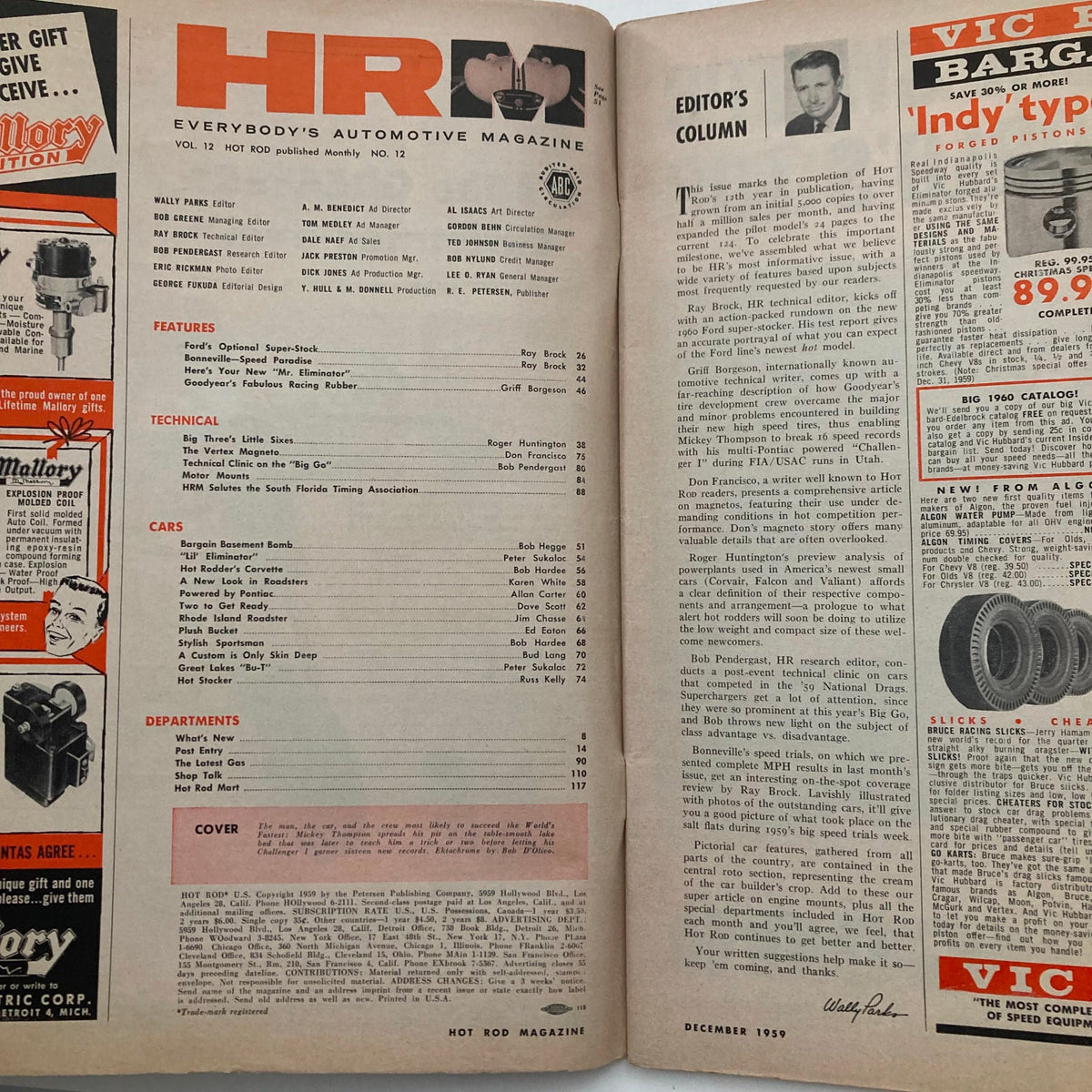 Inside page of VTG Hot Rod Magazine December 1959, Vol 12 No. 12 showcasing the contents and editor's column, highlighting automotive features and technical articles.