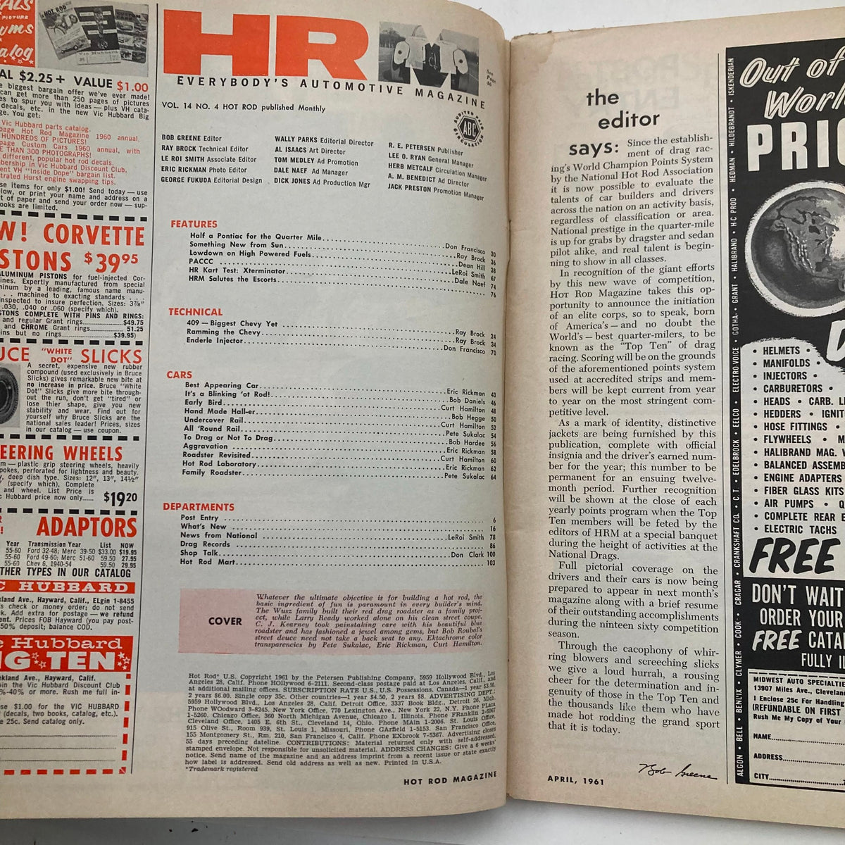 Interior page of VTG Hot Rod Magazine April 1961, displaying editorial content and features from the issue, emphasizing the automotive journalism of the era.