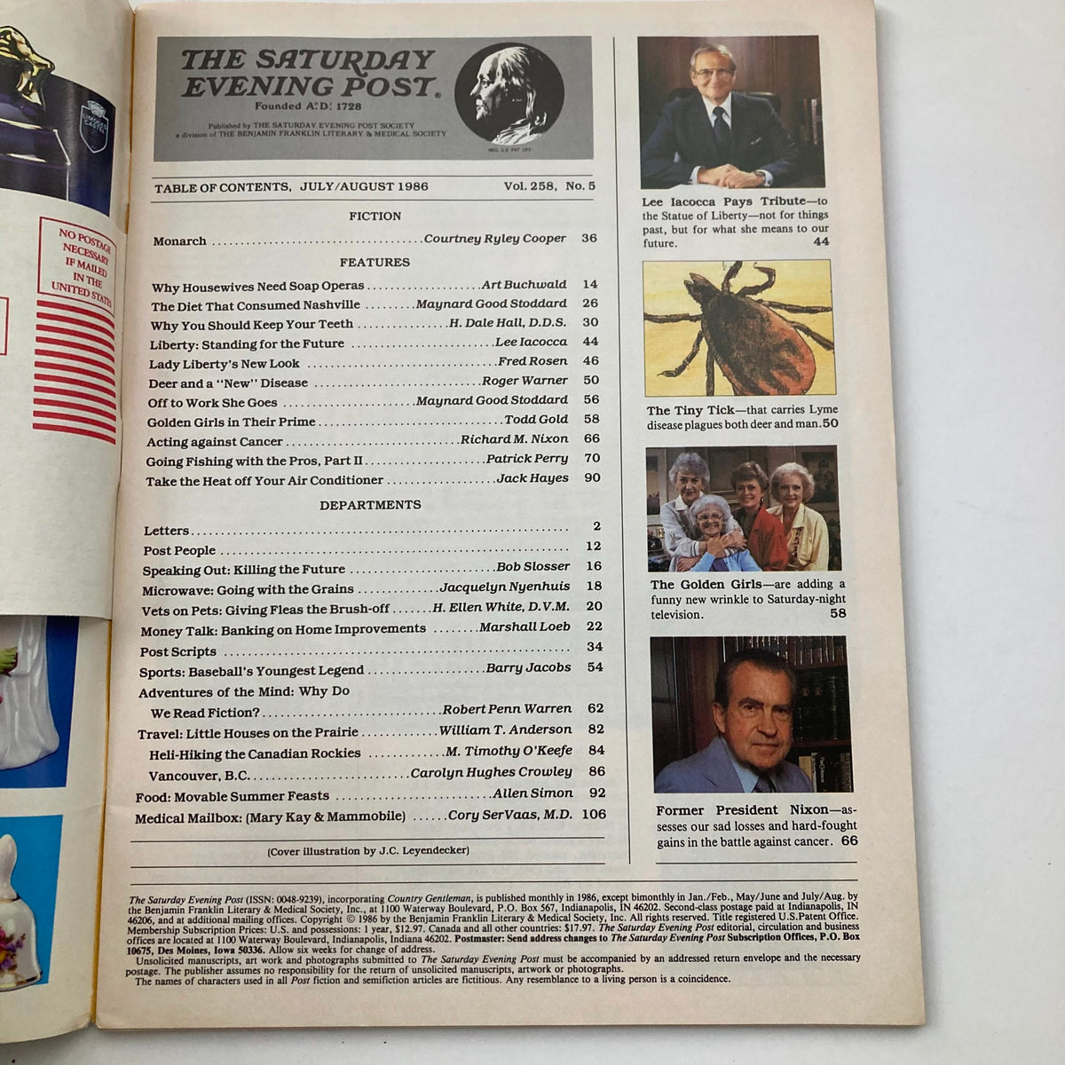 Table of Contents from The Saturday Evening Post Magazine July/August 1986 Vol 258 No. 5 featuring articles on American culture, history, and lifestyle.