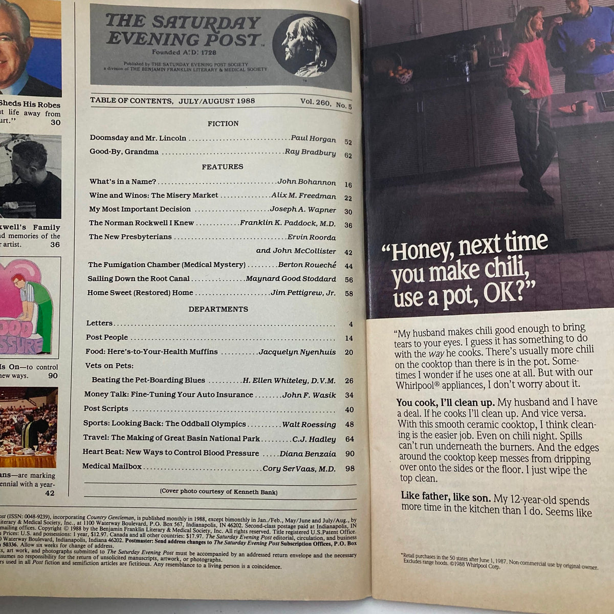 Table of contents from The Saturday Evening Post Magazine July 1988 Vol 260 No. 5, detailing featured articles and notable topics of the era.