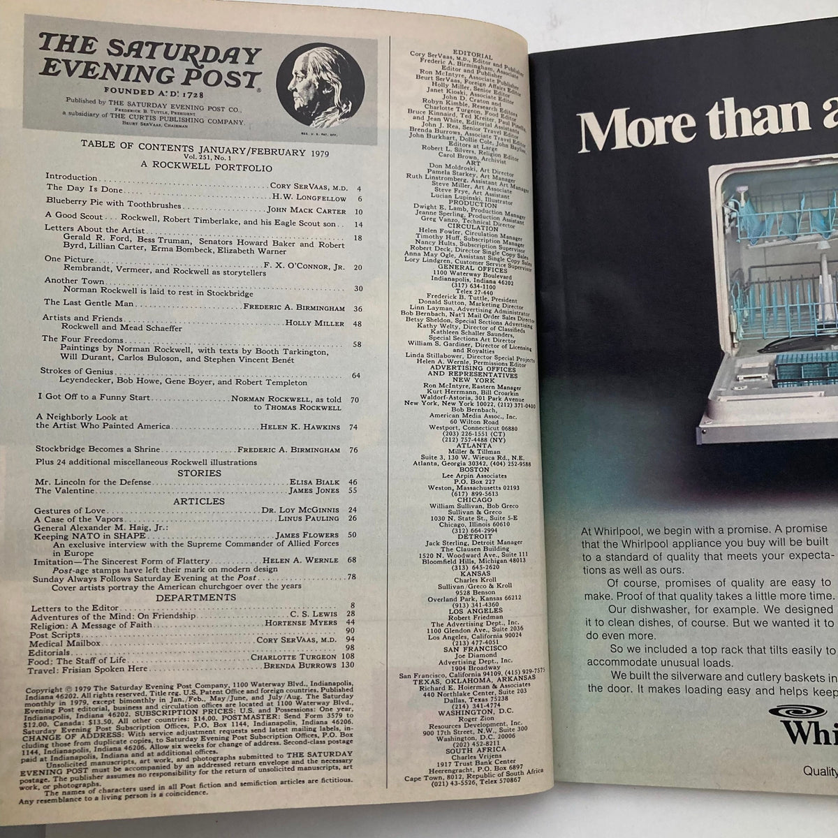 Inside page of The Saturday Evening Post Magazine February 1979, displaying the table of contents and showcasing articles related to Norman Rockwell, reinforcing its significance in American art and culture.