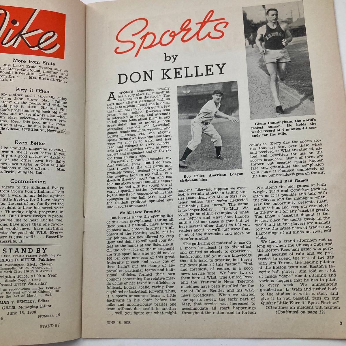 Vintage Stand By Magazine June 18 1938 Purv Pullen & Sports by Don Kelley