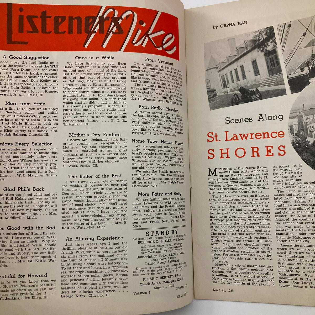 Interior page of the VTG Stand By Magazine from May 21, 1938 showcasing articles under 'Listener Mike' and scenes from St. Lawrence Shores.