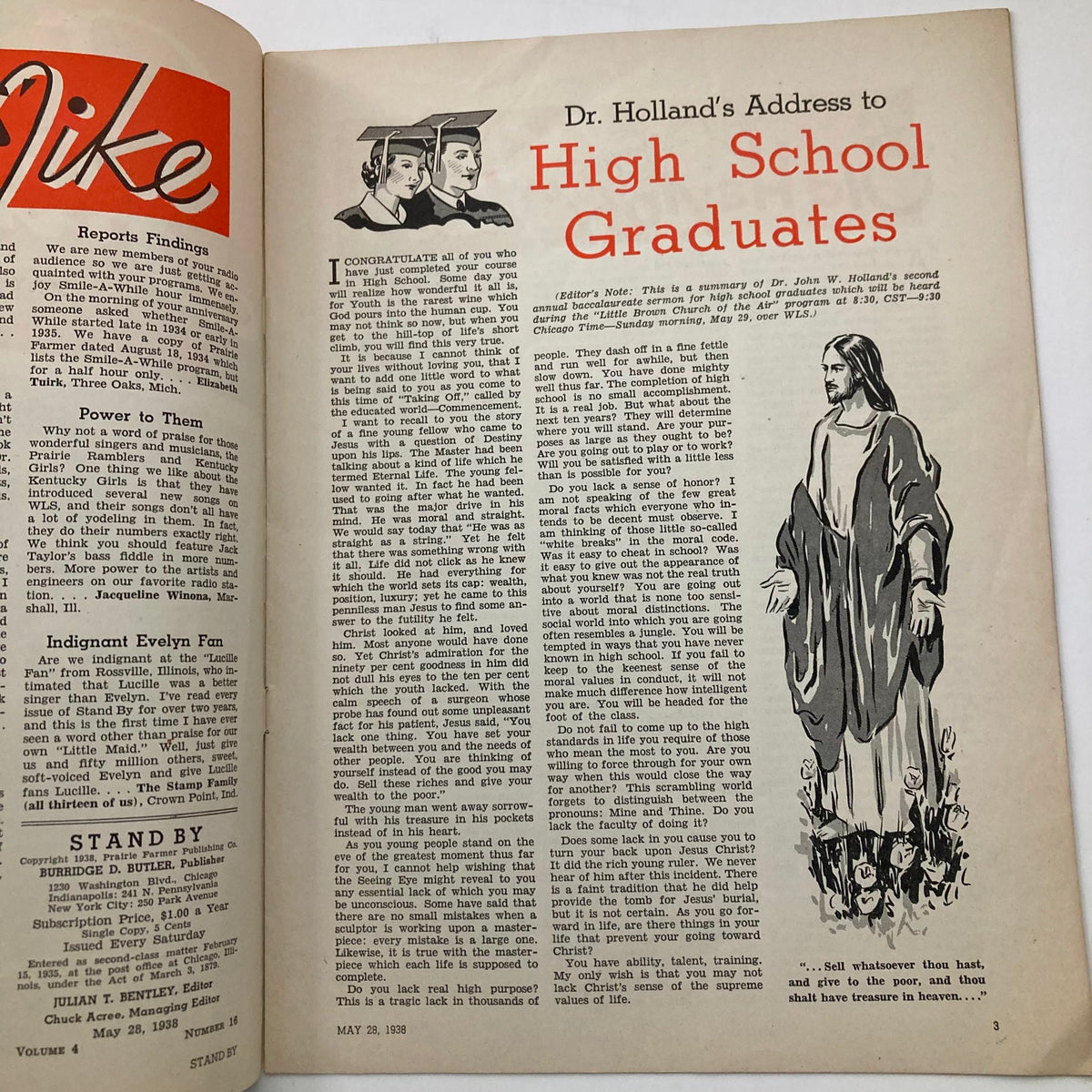 Interior page of VTG Stand By Magazine from May 28, 1938 displaying Dr. Holland's Address to High School Graduates. The page includes illustrations and detailed text reflecting educational themes from the late 1930s.