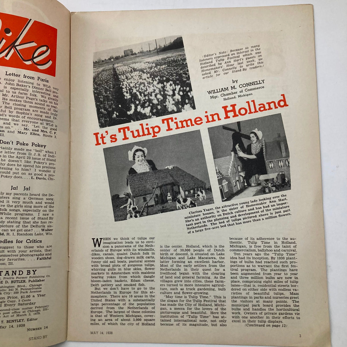 Inside page of the VTG Stand By Magazine from May 14, 1938, featuring the article 'It's Tulip Time in Holland' along with images of tulip fields and traditional costumes, highlighting the cultural significance of the festival.