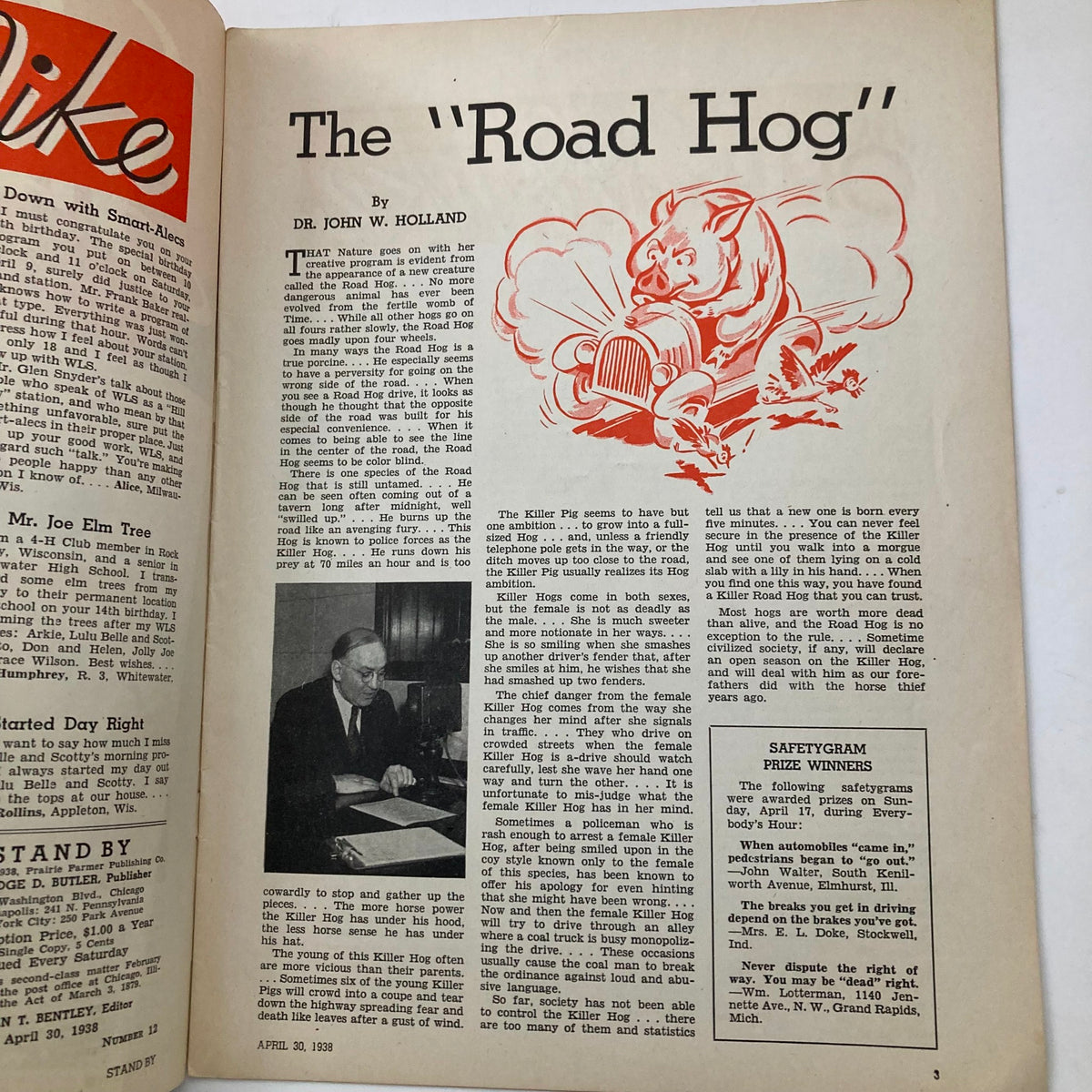 Inside page of VTG Stand By Magazine from April 30, 1938, detailing 'The Road Hog' with illustrations and a photograph, emphasizing the magazine's vintage content.