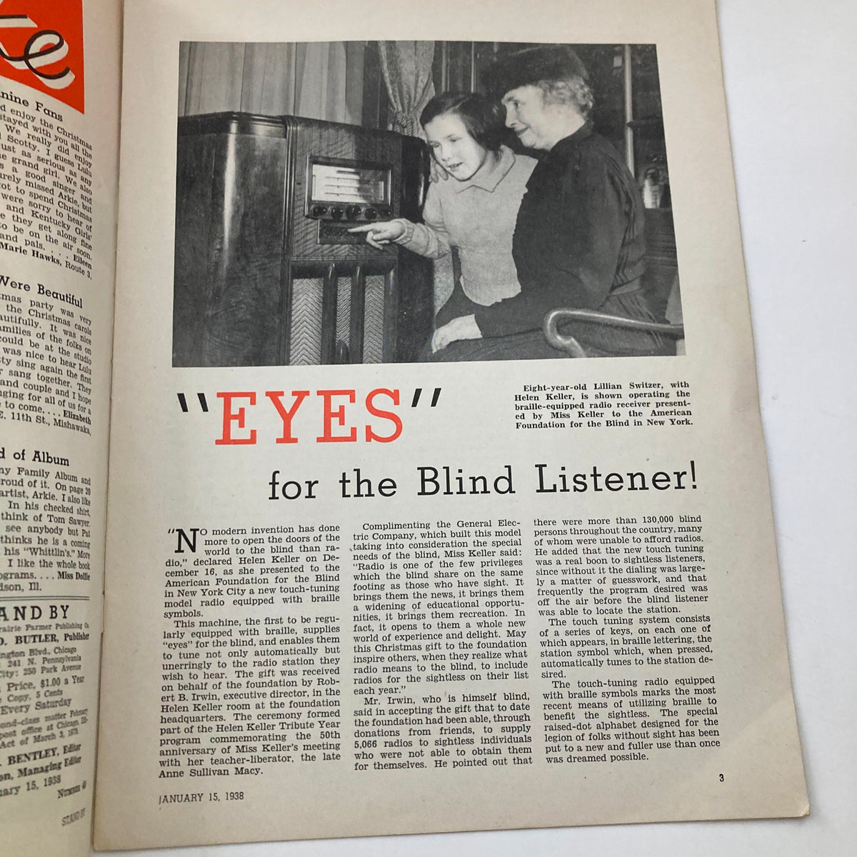 Vintage Stand By Magazine January 15, 1938 featuring an article titled 'EYES for the Blind Listener!' highlighting Helen Keller with a young girl operating a radio, showcasing historical insights into accessibility innovations.