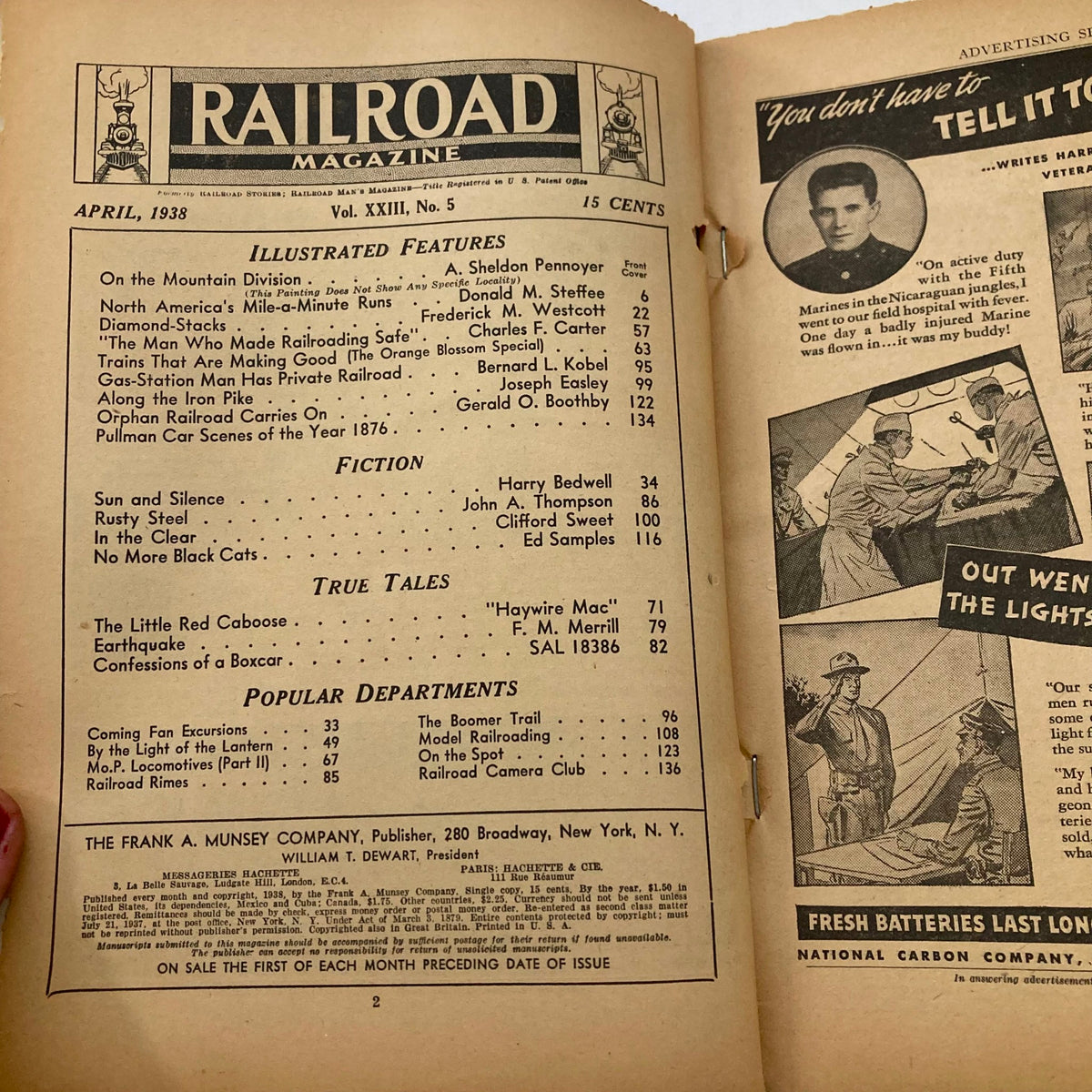Interior page of VTG Railroad Magazine April 1938, Volume 23, Number 5 displaying the table of contents and featured articles related to railroading history.