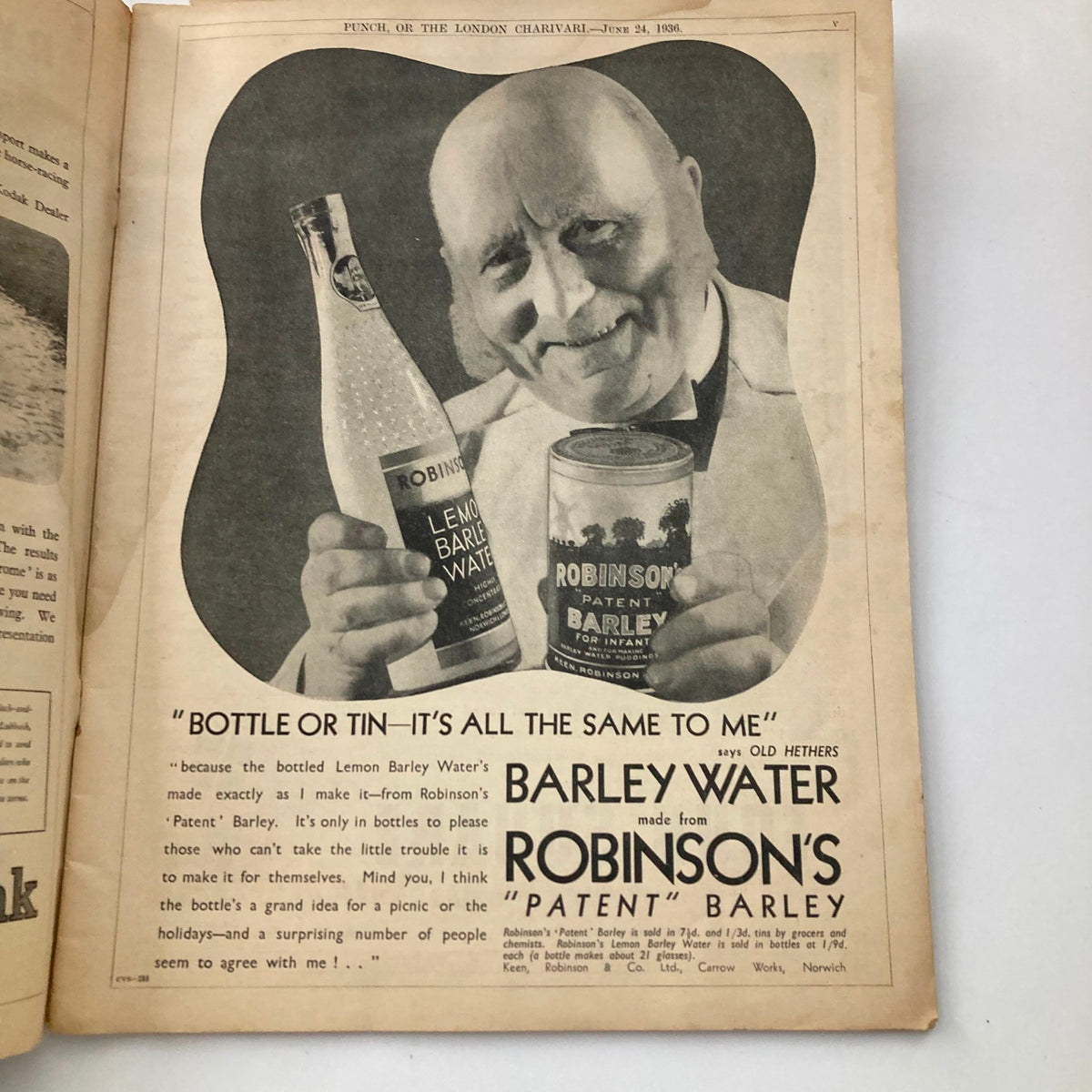 Inside page of Punch Magazine June 24 1936, showcasing a vintage advertisement for Robinson's Barley Water with an elderly man.