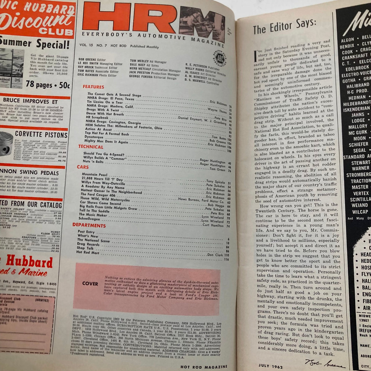 Inside page of VTG Hot Rod Magazine July 1962 Vol 15 No. 7 displaying the table of contents and editorial section.