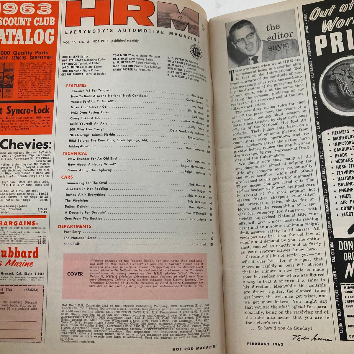 Interior page of VTG Hot Rod Magazine February 1963 Vol 16 No. 2 displaying contents and editorial highlights, emphasizing classic automotive culture and insights.