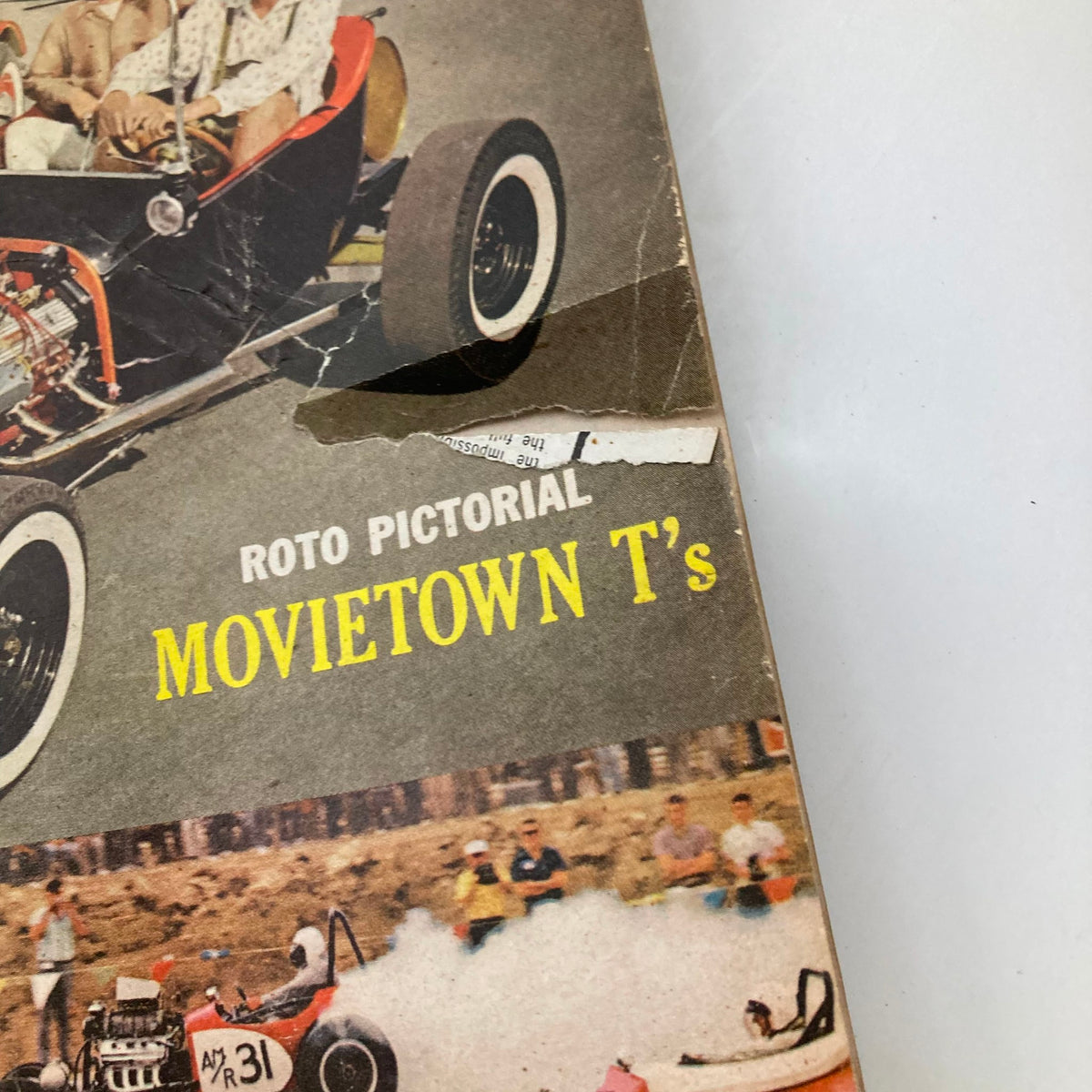 Cover detail of VTG Hot Rod Magazine March 1961 Vol 14 No. 3 showing 'Movietown T's' theme and wear indicating its vintage nature.