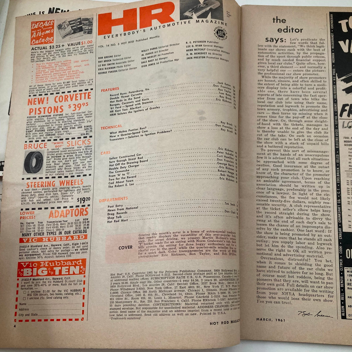Inside page of VTG Hot Rod Magazine March 1961 Vol 14 No. 3 displaying the table of contents and magazine features.