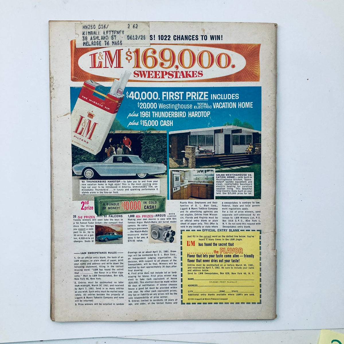 Back cover of VTG Hot Rod Magazine March 1961 Vol 14 No. 3 featuring a sweepstakes advertisement with promotional details.