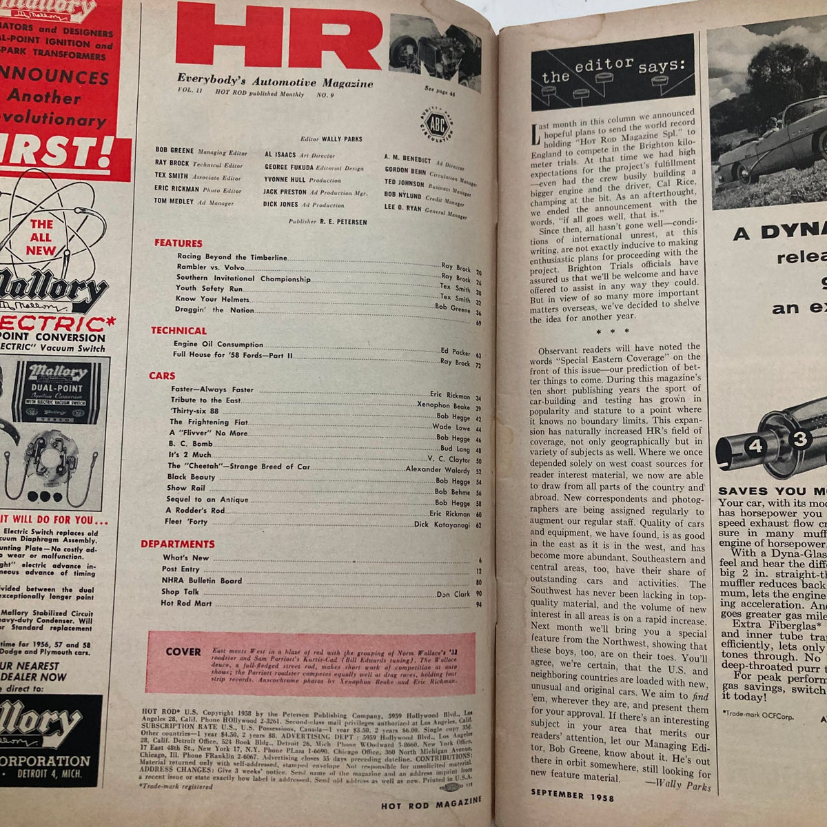 Inside page of VTG Hot Rod Magazine September 1958, Vol 11 No. 9, displaying the table of contents and editor's note, highlighting features and technical articles related to hot rods and automotive culture.