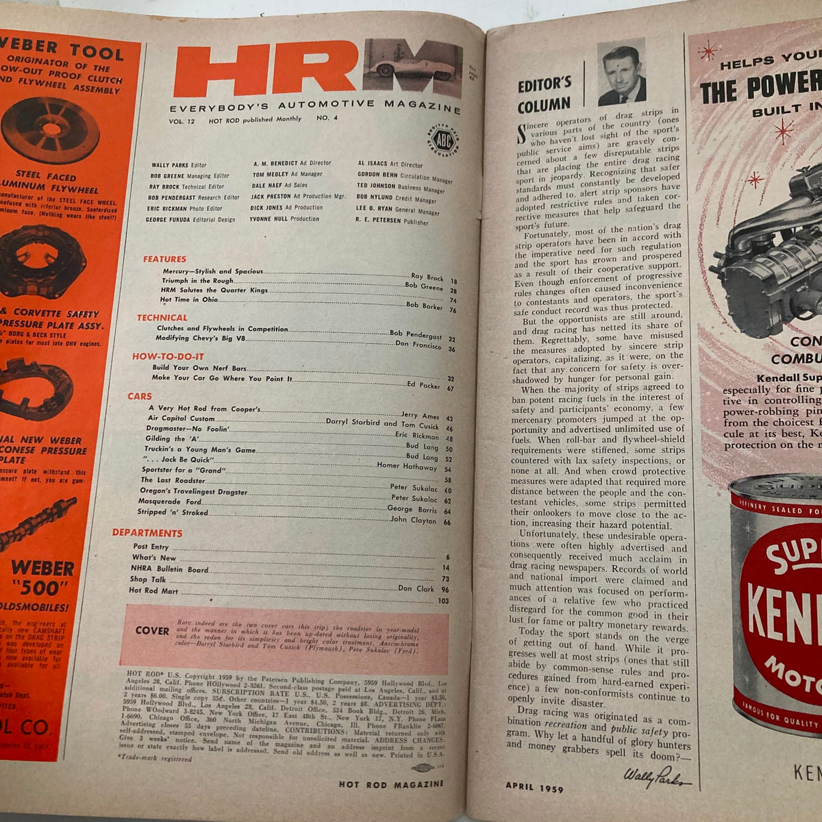 Interior page of VTG Hot Rod Magazine April 1959 Vol 12 No. 4 showcasing editorial content and features on car modifications and hot rod culture.