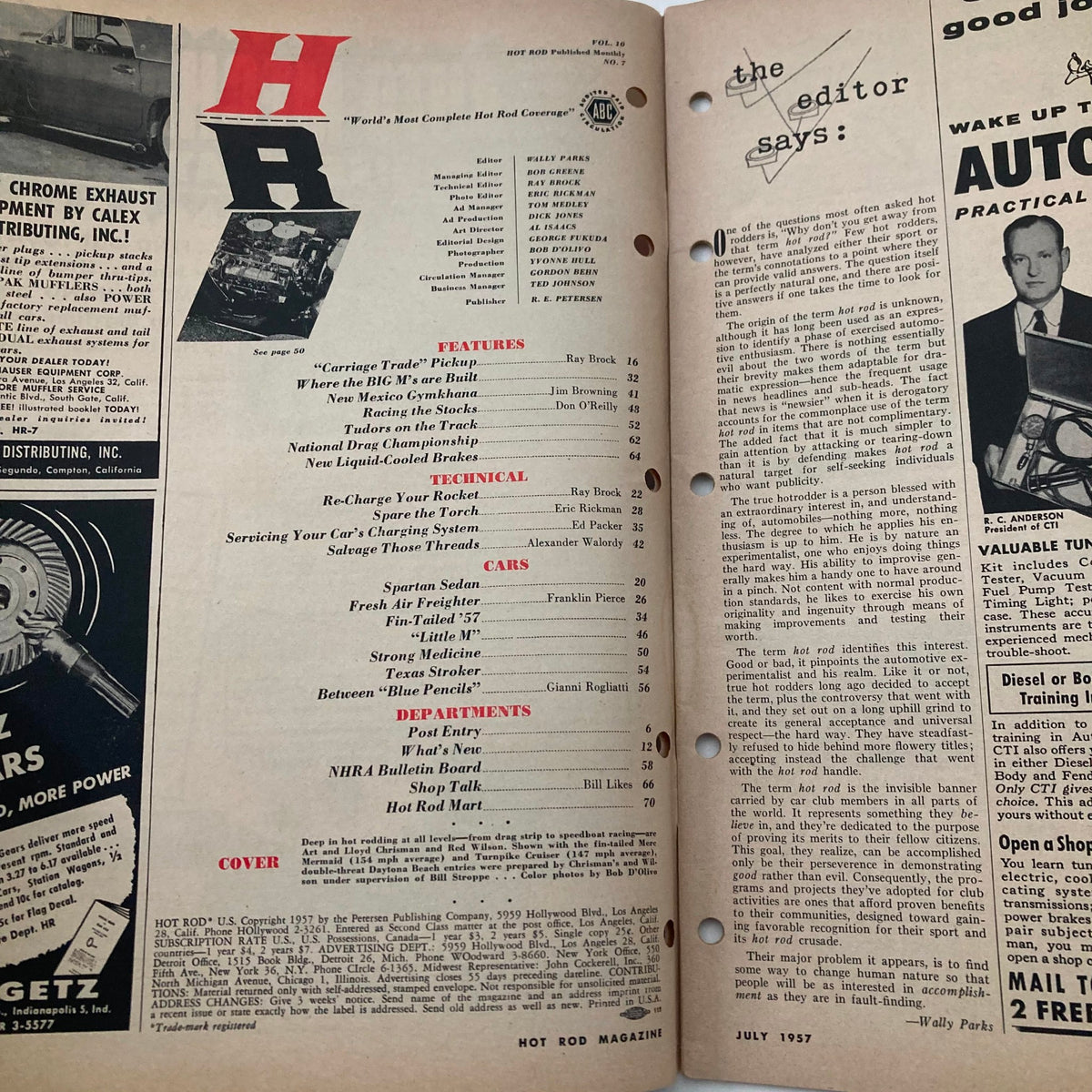 Interior page of VTG Hot Rod Magazine July 1957 Vol 10 No. 7 showcasing the magazine's table of contents, featuring articles on vintage cars, engine modifications, and hot rod culture.