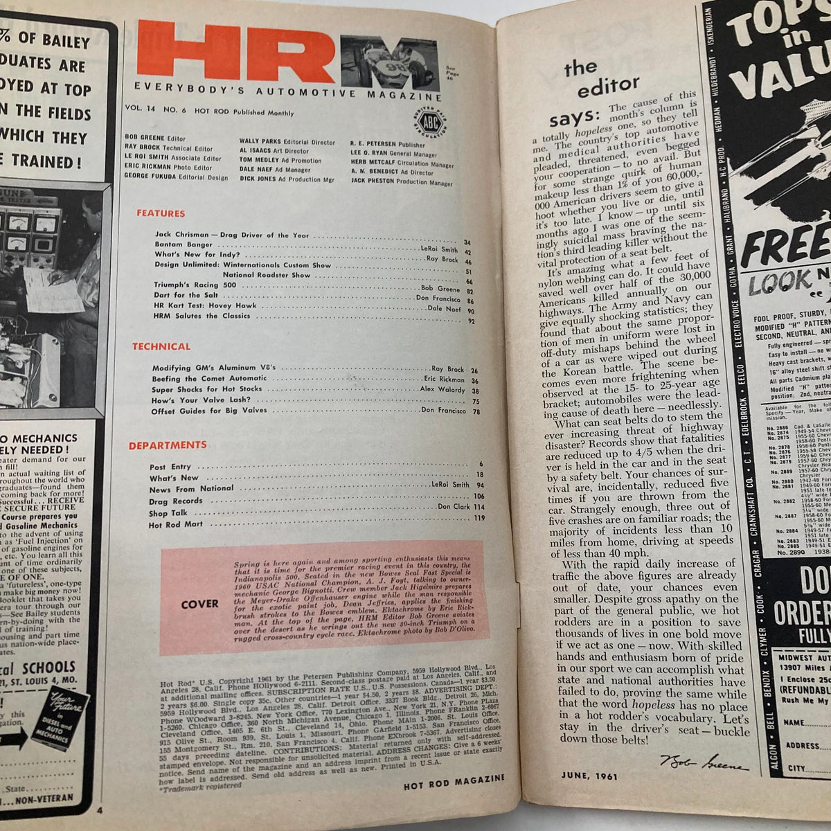 Interior page of VTG Hot Rod Magazine, June 1961, Vol 14 No. 6, showcasing the magazine's contents, highlighting features related to auto racing and hot rod culture.