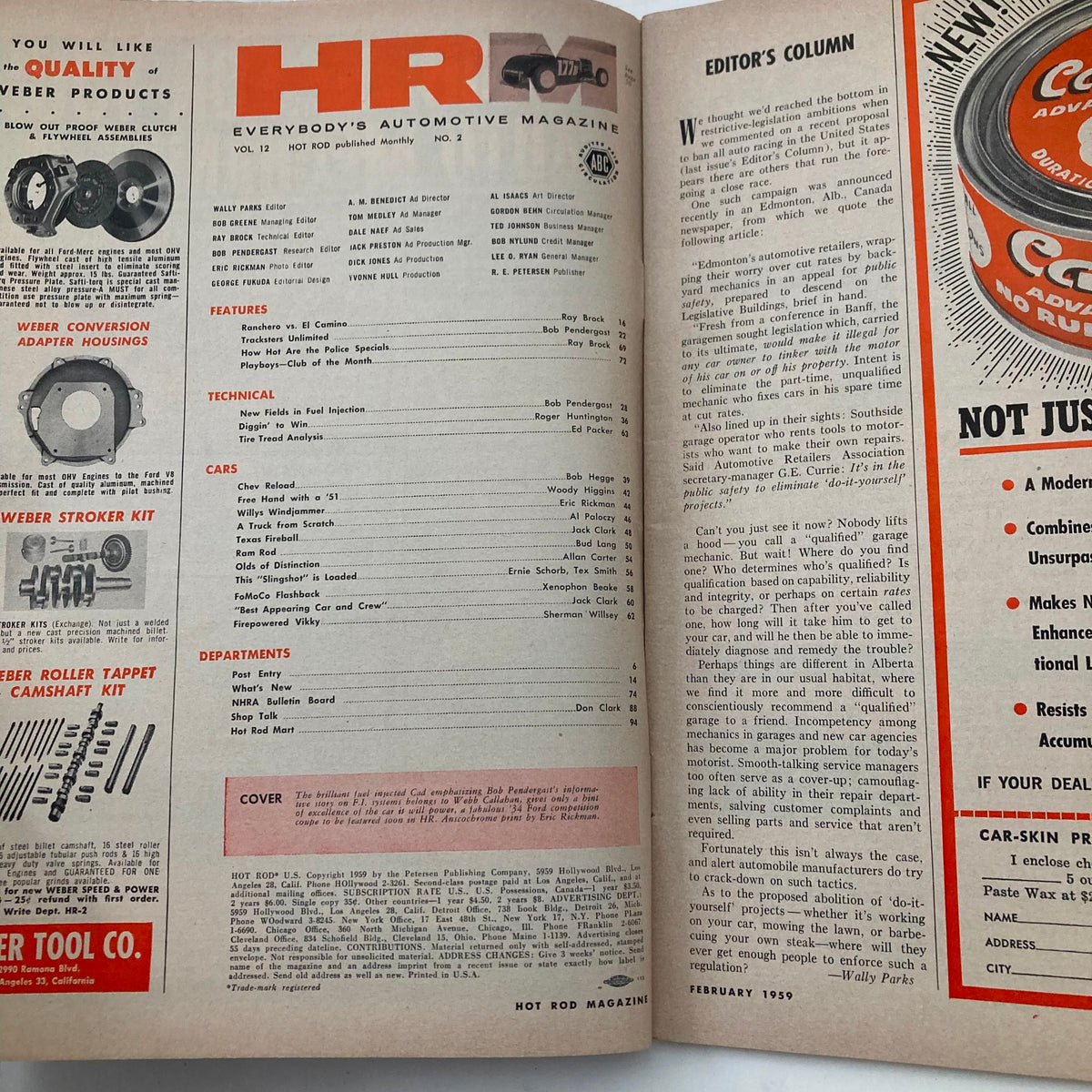 Interior spread of VTG Hot Rod Magazine February 1959, Volume 12, Number 2, displaying the editorial column and technical features alongside advertisements related to automotive products.