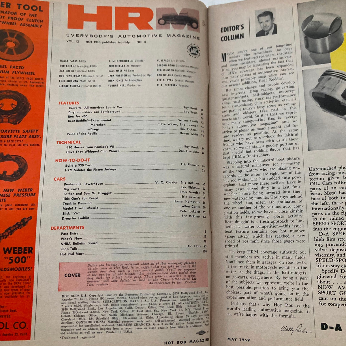 VTG Hot Rod Magazine May 1959 Vol 12 No. 5 Page featuring the Editor's column and magazine details, highlighting features of classic cars including technical information.