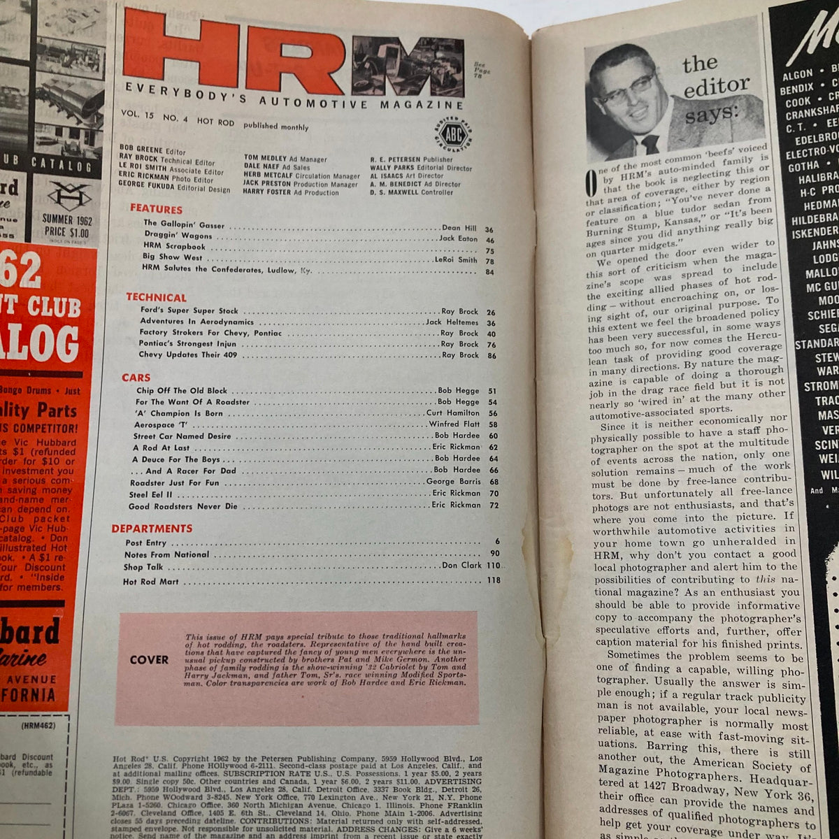 Interior page of VTG Hot Rod Magazine April 1962, displaying the table of contents and editor's note for Volume 15, Number 4, showcasing classic automotive features.