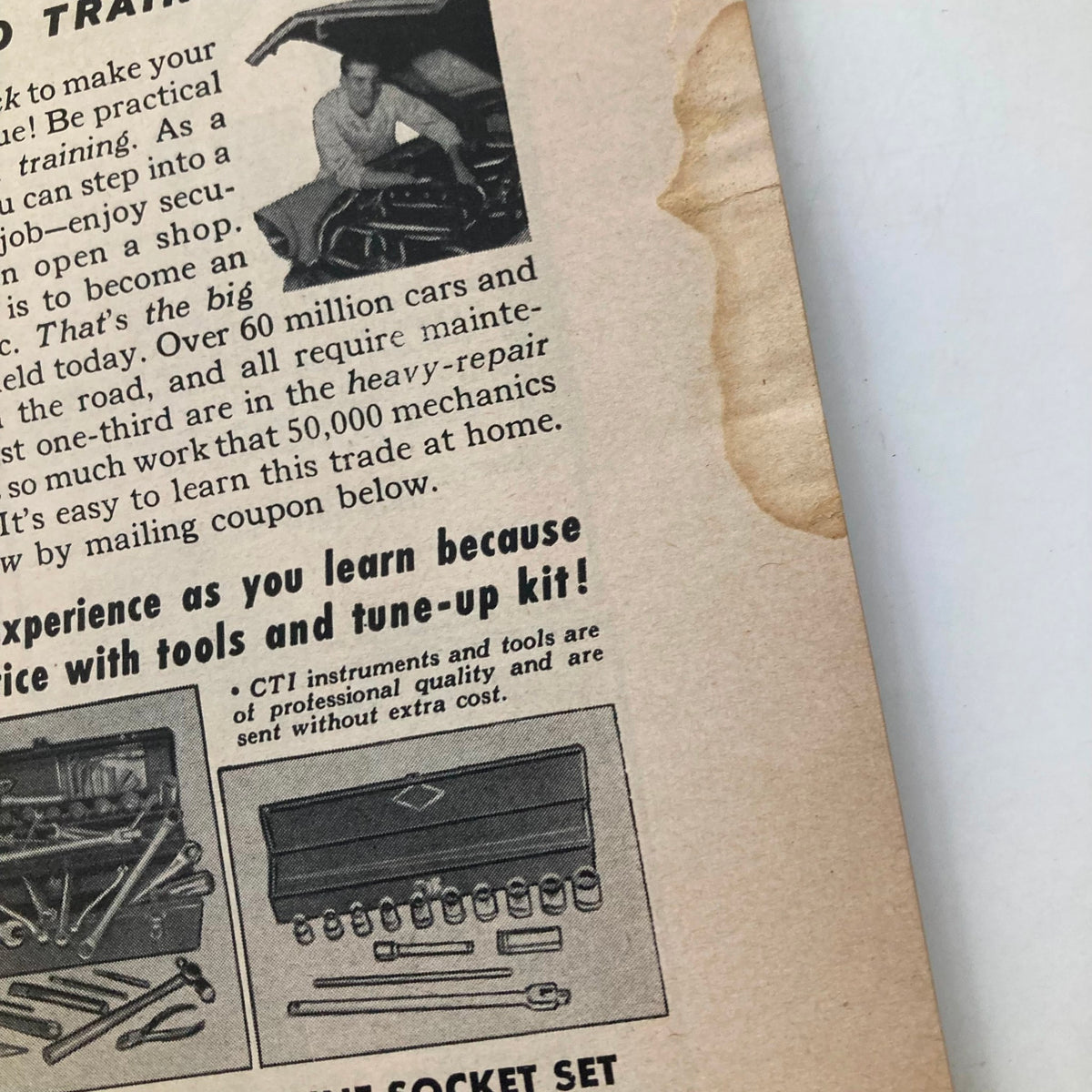 Back cover of the VTG Hot Rod Magazine September 1957 with an advertisement for automotive tools and training, emphasizing hands-on mechanic experience.