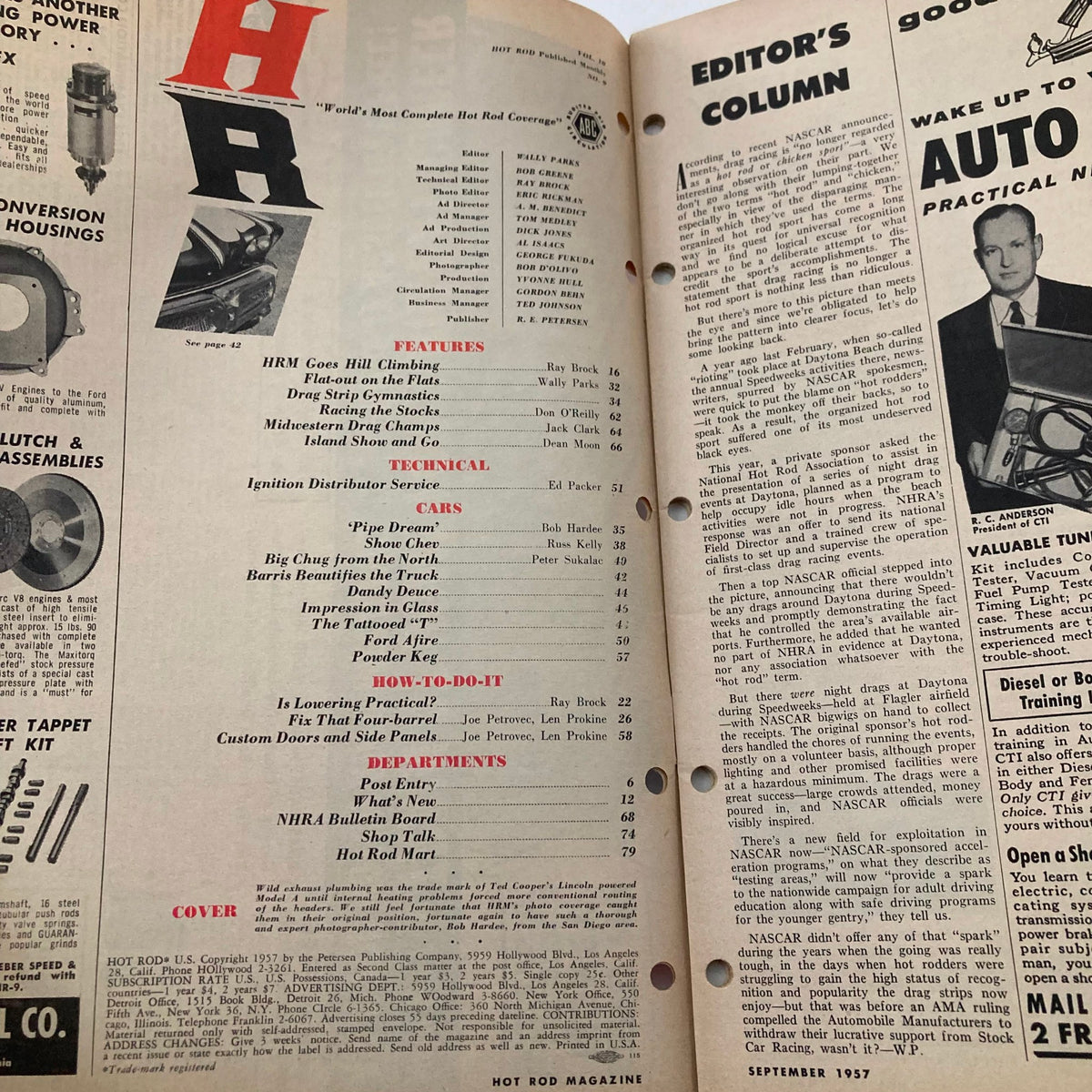 Inside page of VTG Hot Rod Magazine September 1957 displaying table of contents and features related to stock car racing and technical automotive topics.