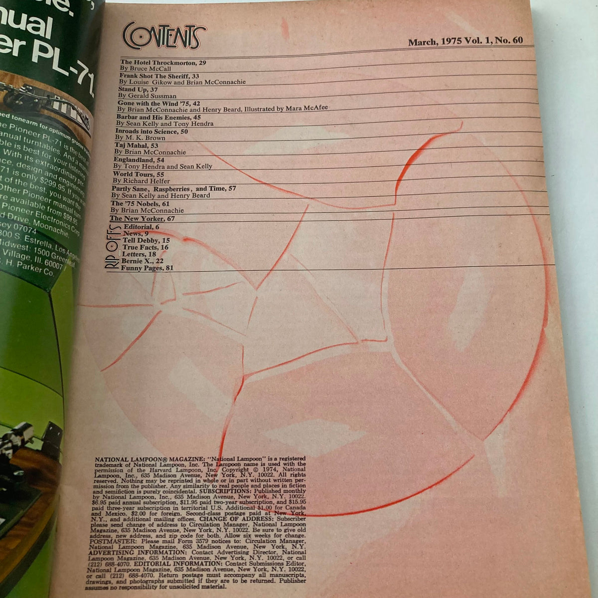 Contents page of the Vintage National Lampoon Magazine March 1975 Vol 1 No 60, featuring article titles and authors, showcasing the magazine's vintage charm.