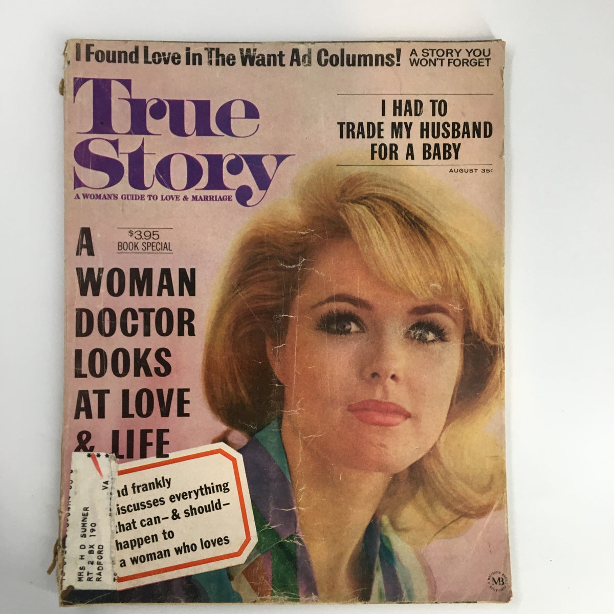 VTG True Story Magazine August 1964 cover showcasing the headline 'I Had To Trade My Husband For A Baby', featuring a woman with light blonde hair, emphasizing vintage themes of love and personal stories.
