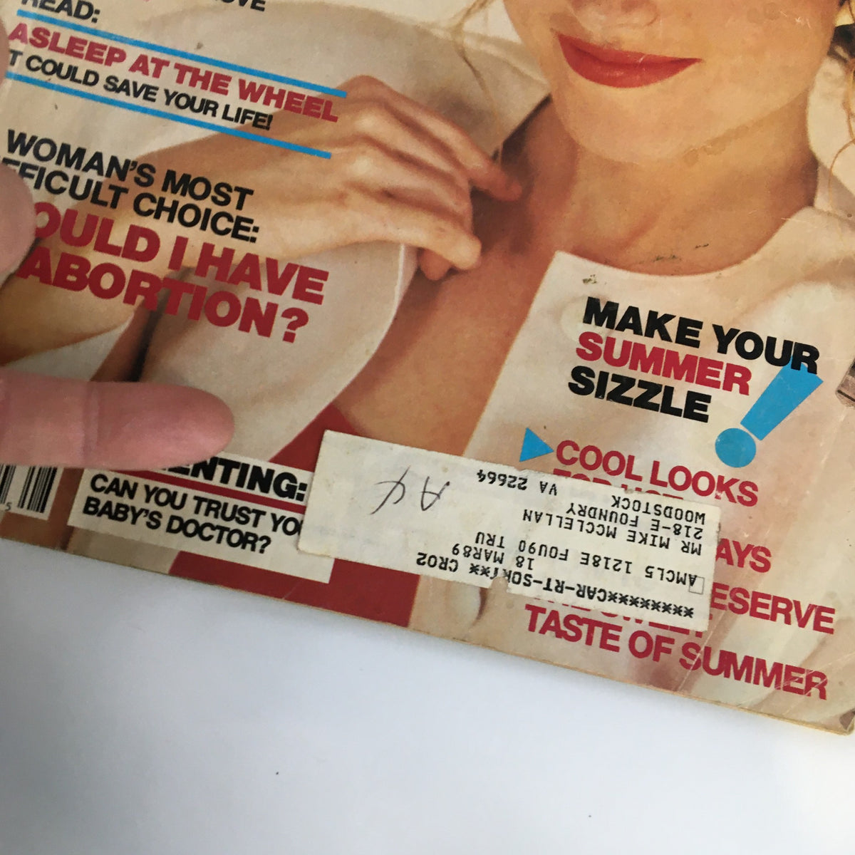Close-up of VTG True Story Magazine August 1988 cover showing the headline 'Asleep at the Wheel' and other titles such as 'Should I Have an Abortion?'. Featuring a vintage magazine aesthetic.