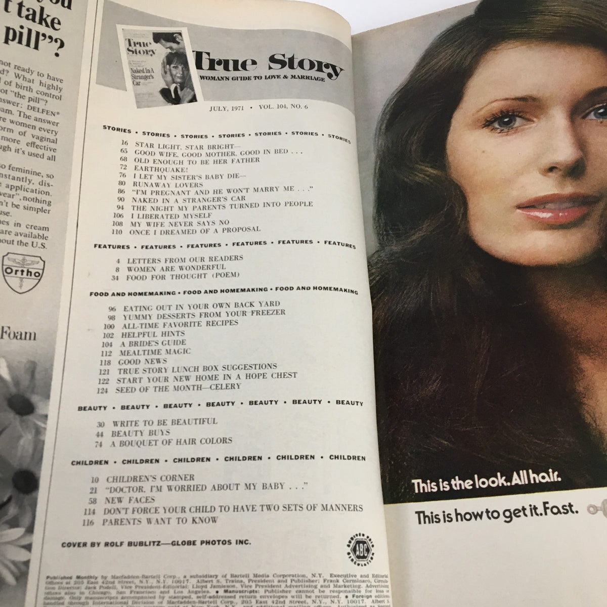 Inside page of True Story Magazine July 1971 displaying the table of contents. The magazine includes various stories and features related to women's experiences and beauty tips from the 1970s.