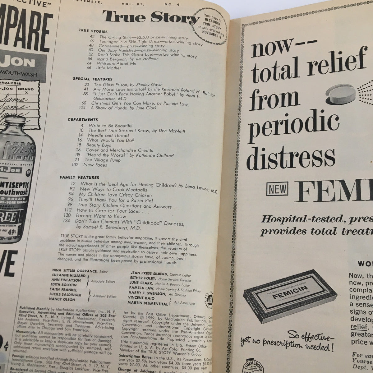 Interior pages of VTG True Story Magazine November Vol. 81 No. 4 highlighting articles and features, including 'The Crying Shirt Love Story'. The design reflects mid-20th century magazine aesthetics.