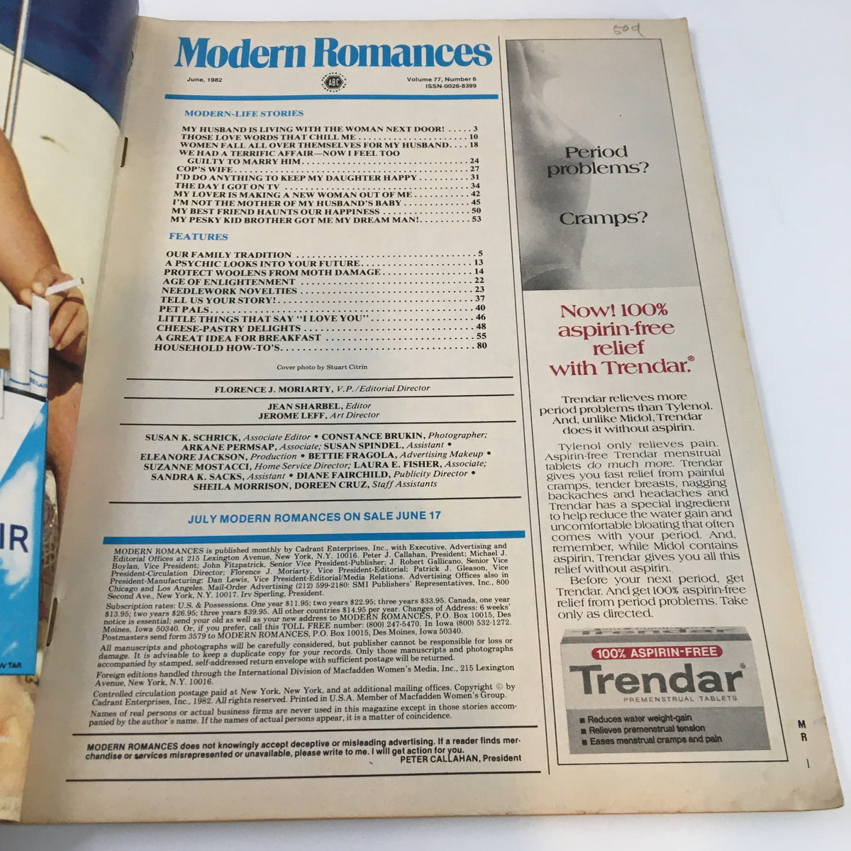 Interior page of Modern Romances Magazine June 1982 displaying the table of contents and article titles. Features romantic life stories and advertisements, perfect for anyone interested in 1980s culture and vintage magazines.