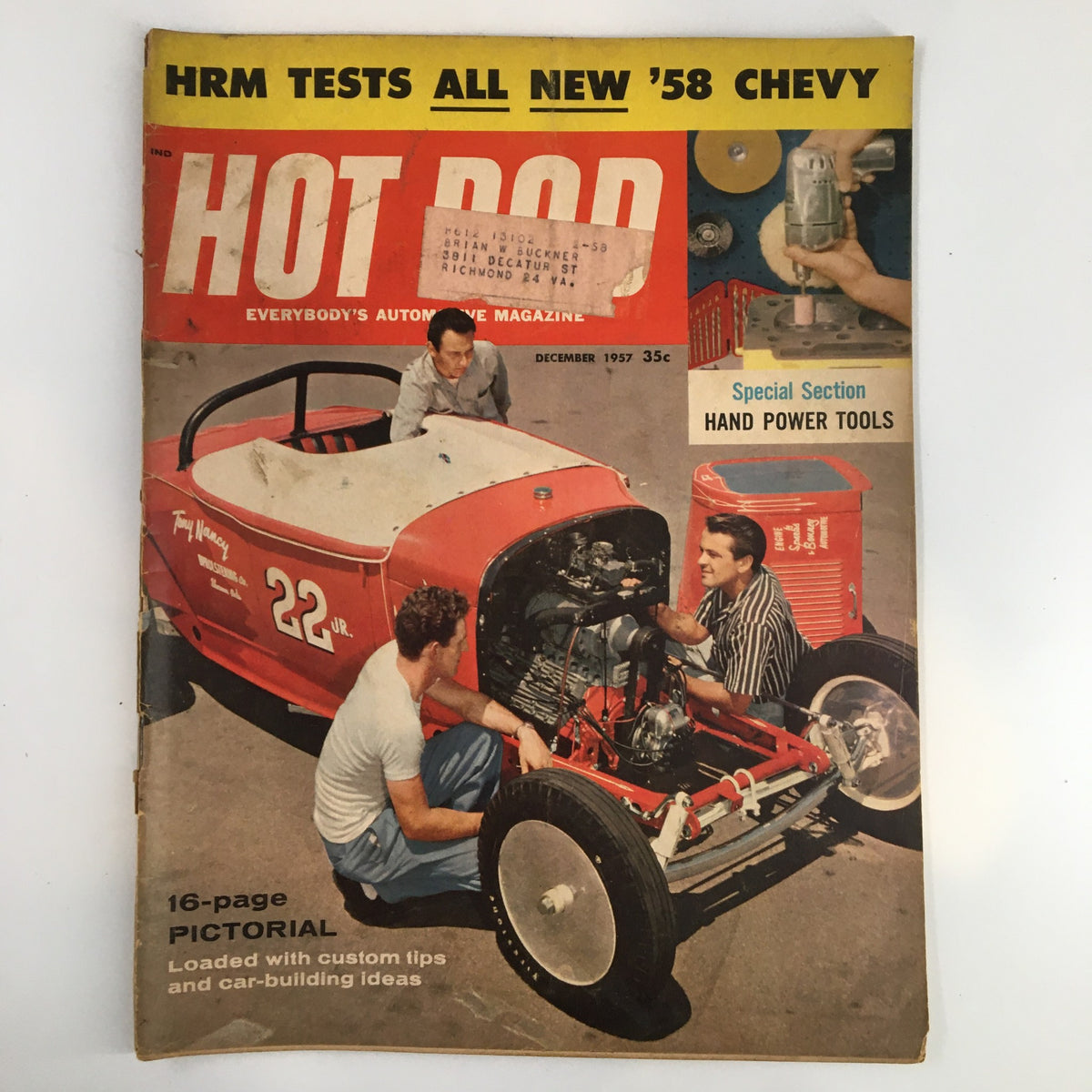 Cover of Hot Rod Magazine December 1957, featuring a vintage car with two men working on its engine, showcasing custom tips and car-building ideas.