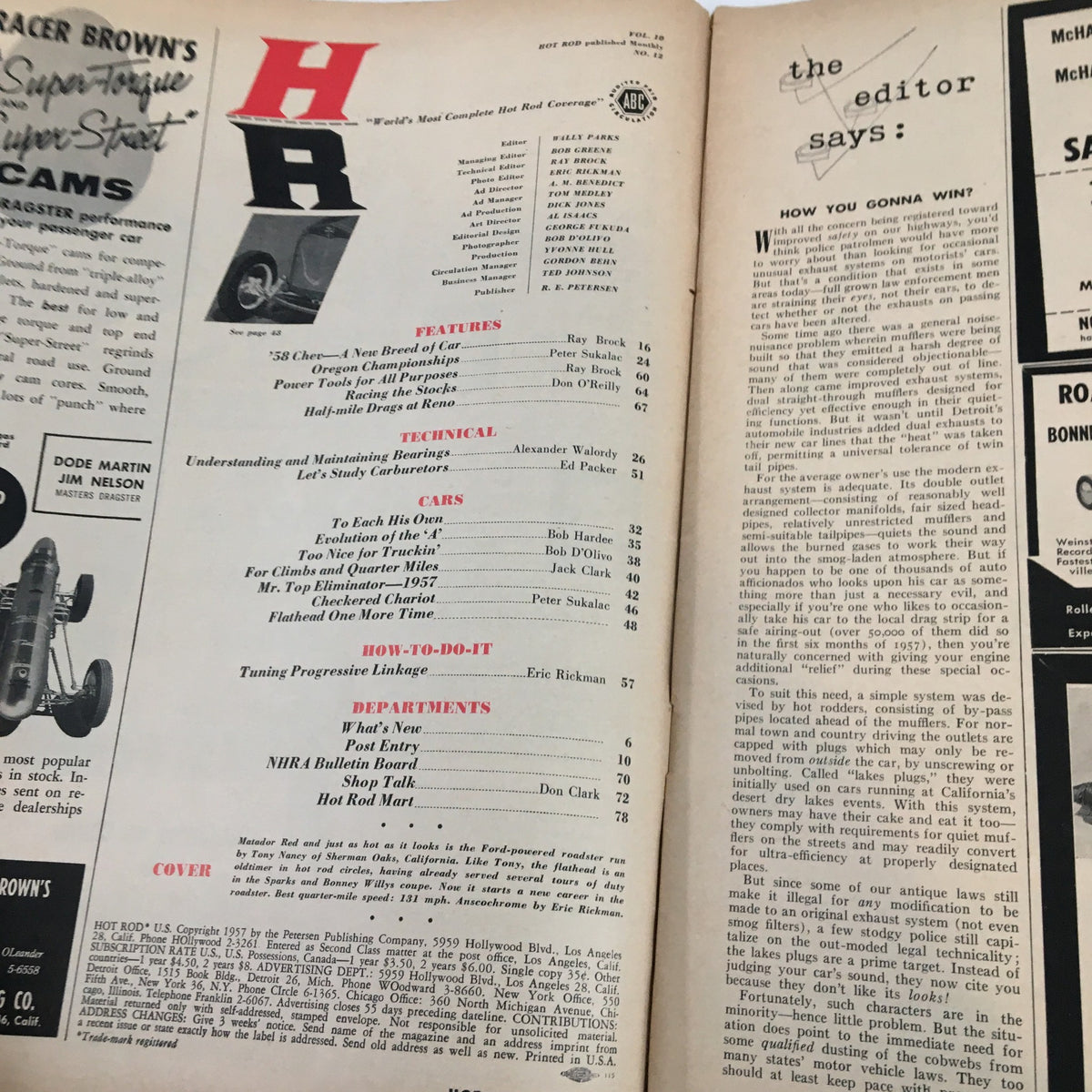 Inside page showcasing the table of contents and editorial section from Hot Rod Magazine December 1957, highlighting features, technical articles, and departments related to classic car customization and building tips.