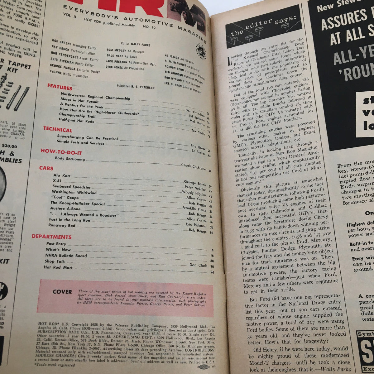 Interior page of Hot Rod Magazine, October 1958, displaying contents and editor's notes on automotive culture, features on supercharging, and technical insights for car enthusiasts.