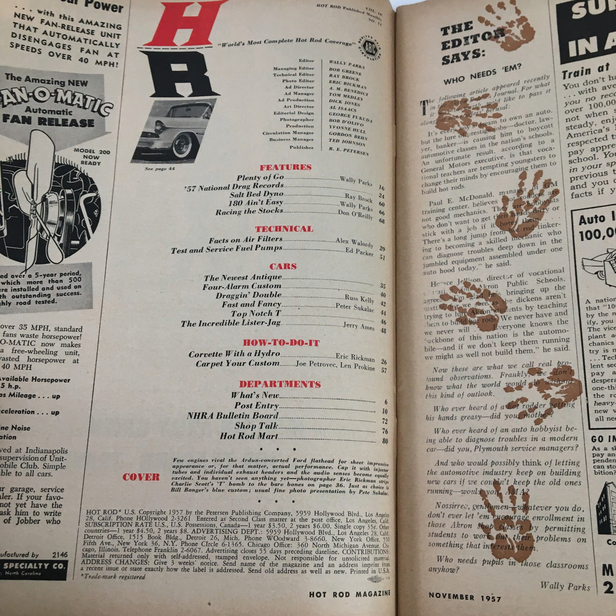 Interior page from Hot Rod Magazine November 1957 displaying the table of contents with features on automobiles, drag racing, and technical articles.