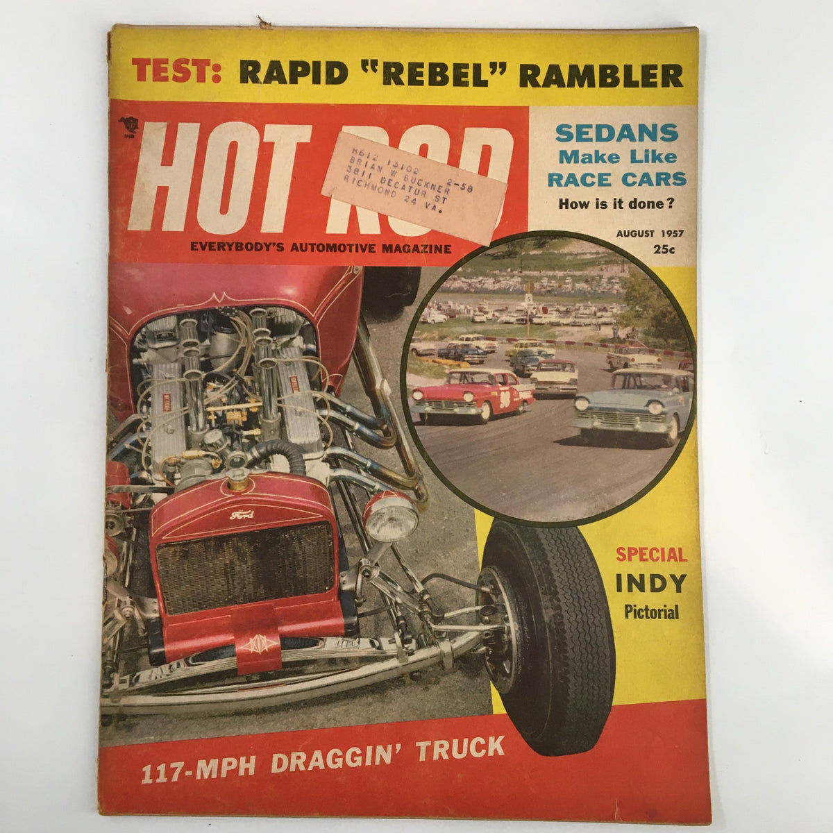 Cover of Hot Rod Magazine August 1957 featuring sedans making like race cars, showcasing a red drag truck and a racing pictorial with classic cars.