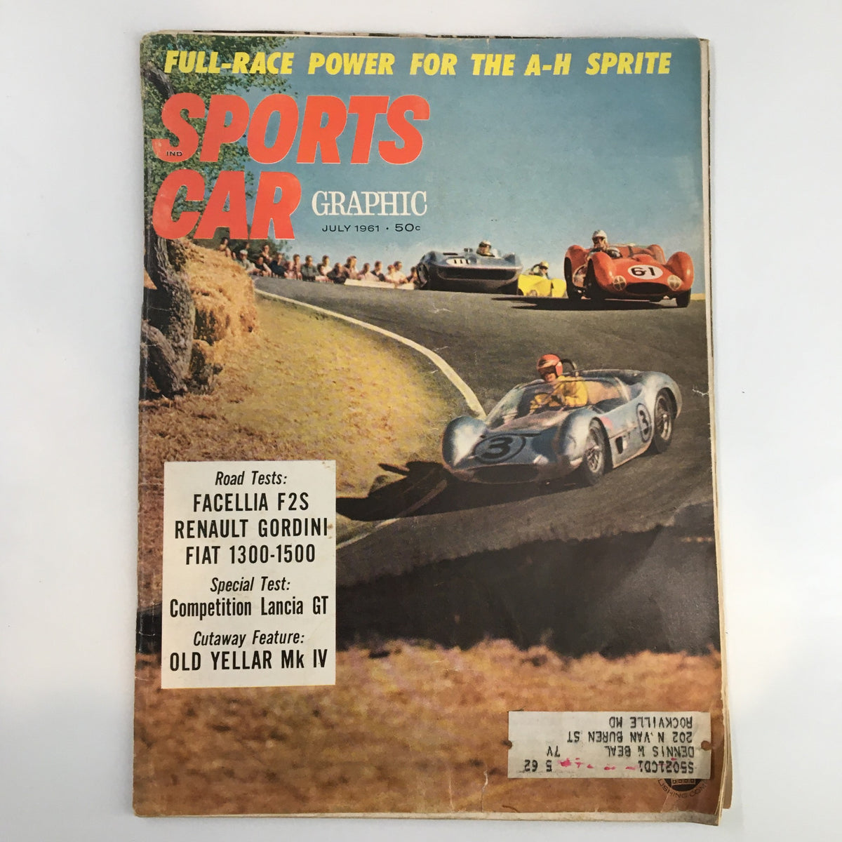 Cover page of Sports Car Graphic Magazine July 1961 featuring a racing scene with multiple sports cars, showcasing models like Facelia F2S, Renault Gordini, and Fiat 1300.
