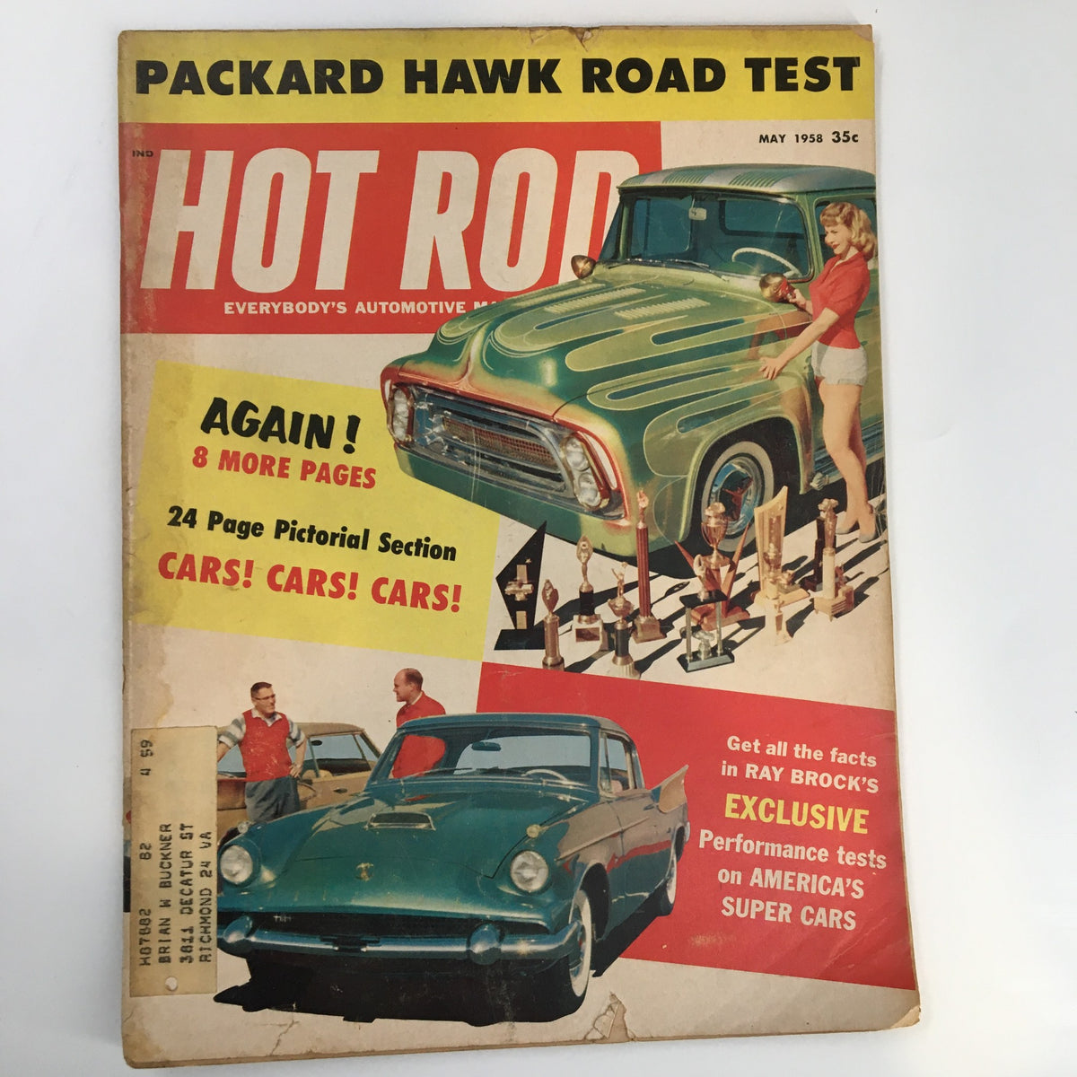Vintage Hot Rod Magazine from May 1958 featuring a striking cover with a classic green hot rod truck and a woman posing beside it, highlighting the excitement of automotive culture in the 1950s.