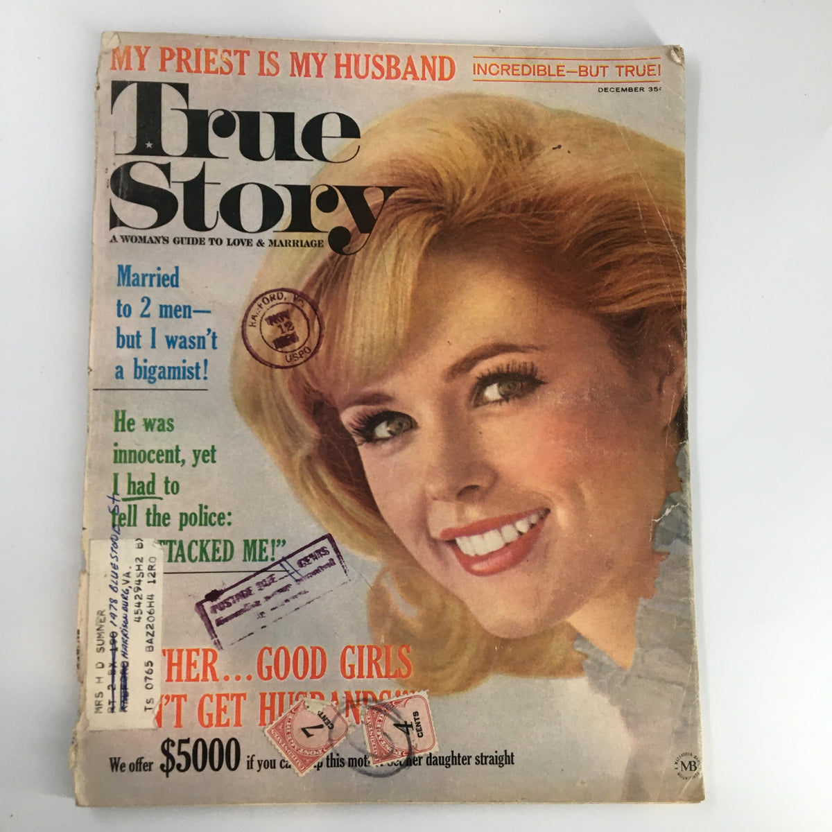 Cover of VTG True Story Magazine December 1964 featuring the title 'Married to 2 Men But I Wasn't a Bigamist', showcasing a blonde woman smiling, with snippets of text highlighting the intriguing story inside and a vintage look.