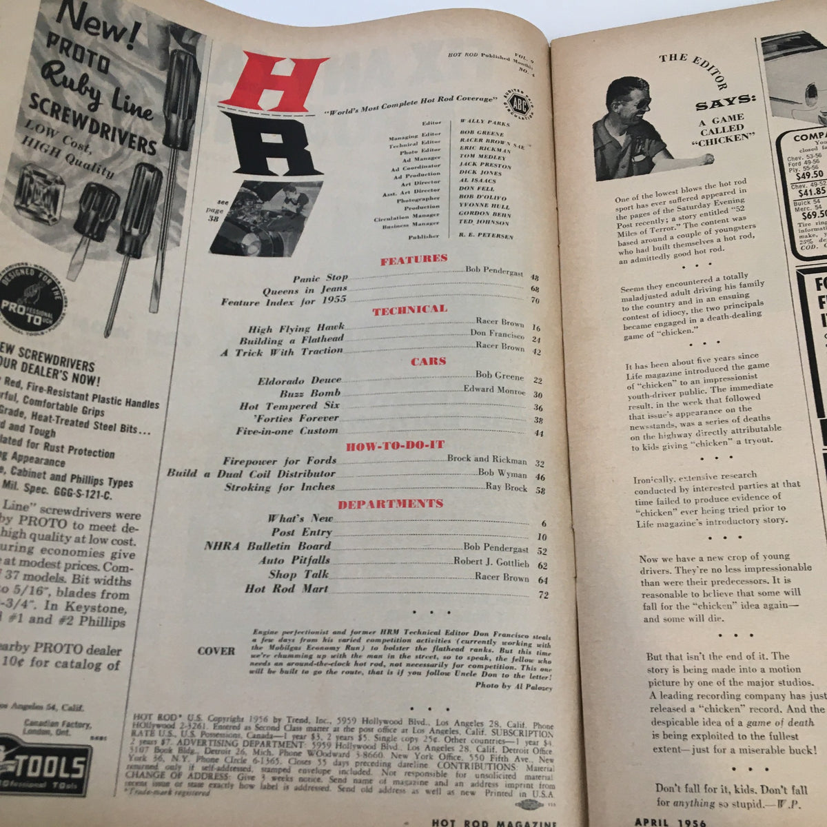 Inside page of VTG Hot Rod Magazine April 1956 displaying the table of contents, highlighting features on technical aspects and articles related to automotive engineering.