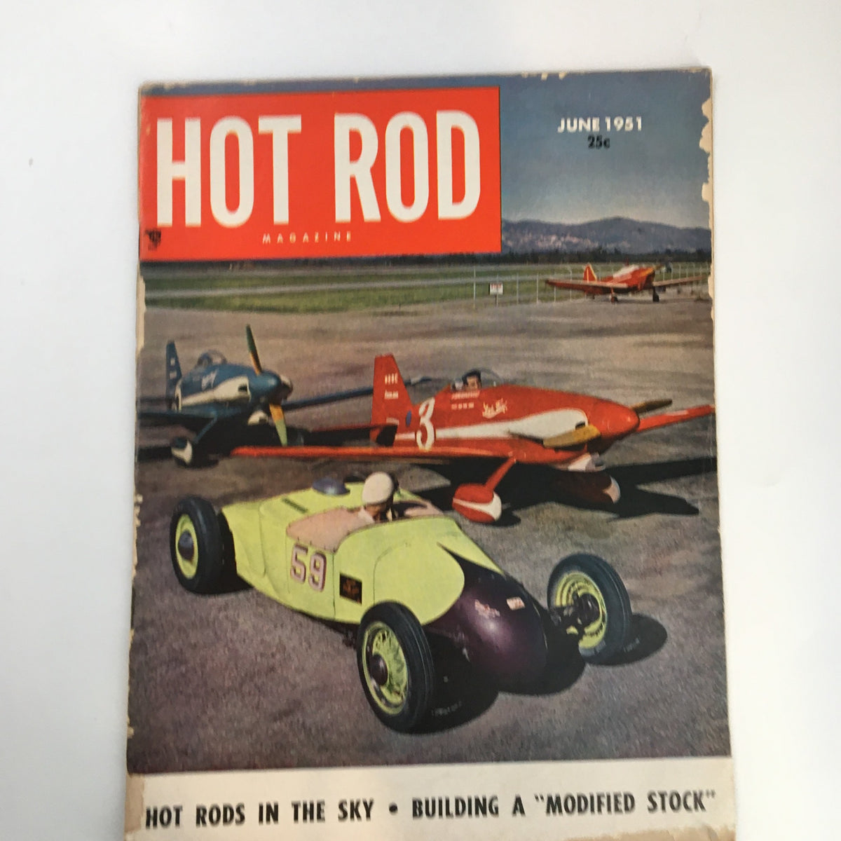 Cover of Hot Rod Magazine June 1951 featuring a modified stock car and vintage airplanes, illustrating the vibrant automotive culture of the era.