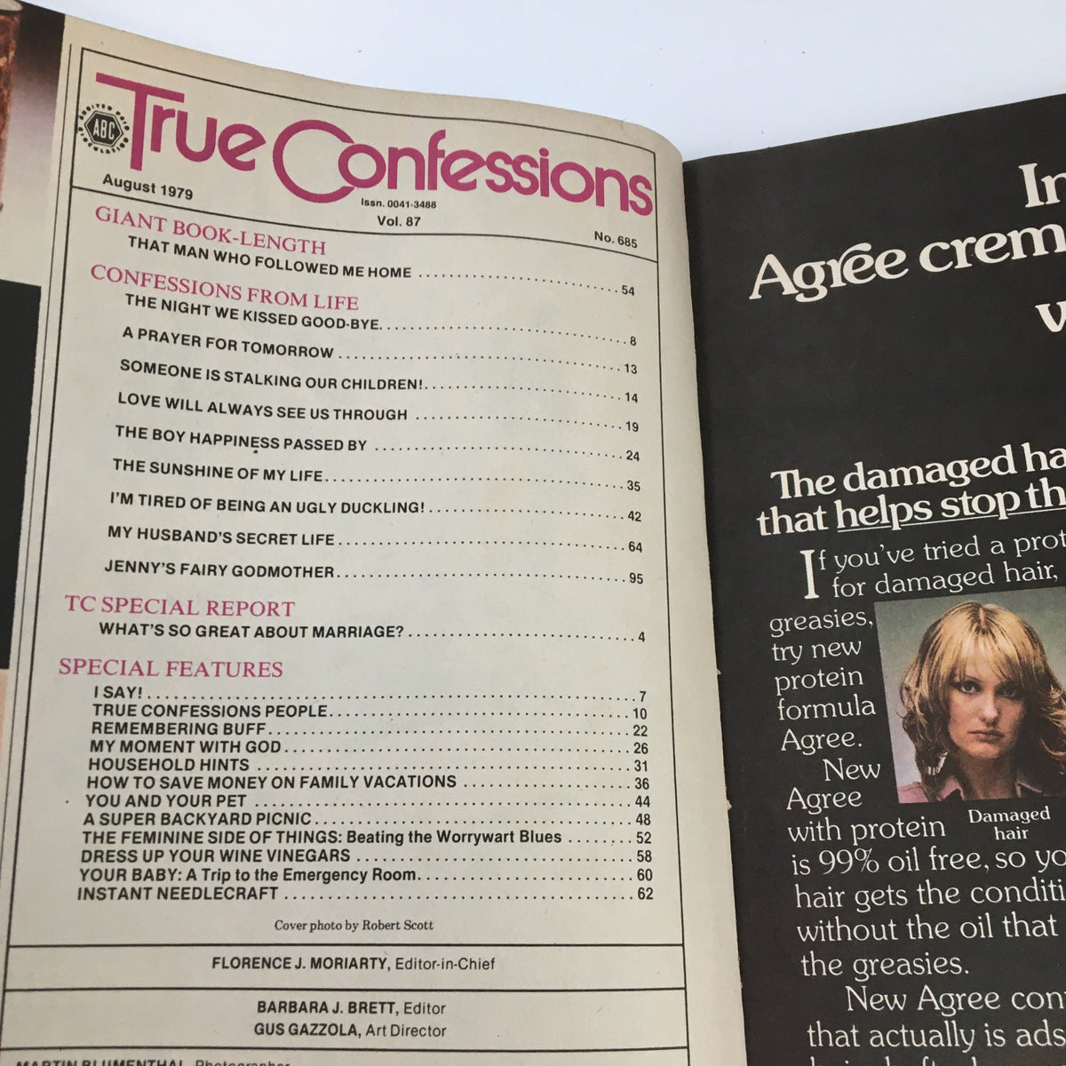 Table of contents page from True Confessions Magazine August 1979, listing featured stories and articles, including 'The Night We Kissed Goodbye' and 'What's So Great About Marriage?'.