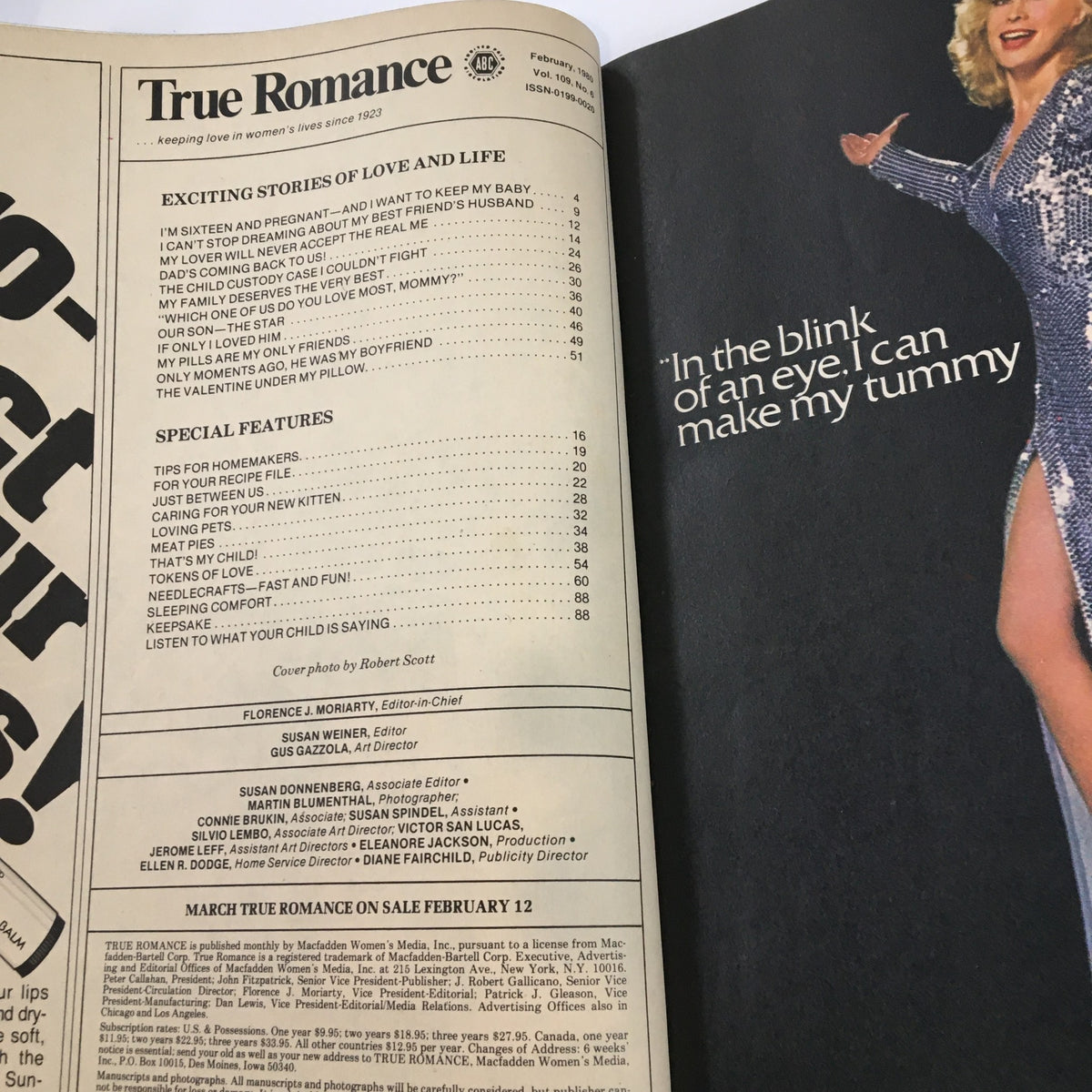 Inside page of True Romance Magazine February 1980 featuring table of contents, stories about love and life, and special features for homemakers.