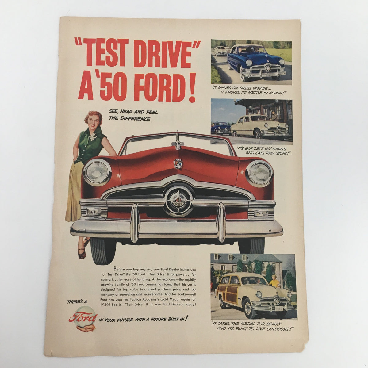1950 Ford ‘50 Custom Deluxe Fordor Sedan Convertible Print Ad showcasing a vintage advertisement, featuring a classic red Ford convertible car with a tagline inviting consumers to test drive a Ford.