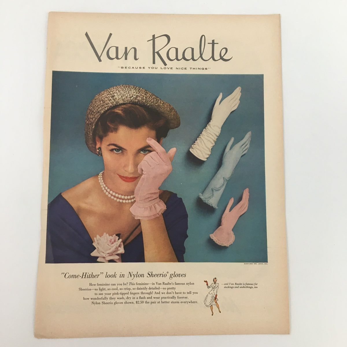 1950 Van Raalte Come-Hither Nylon Sheerio Gloves Print Ad showcasing vintage fashion with elegant gloves in pastel colors, perfect for collectors and vintage enthusiasts.