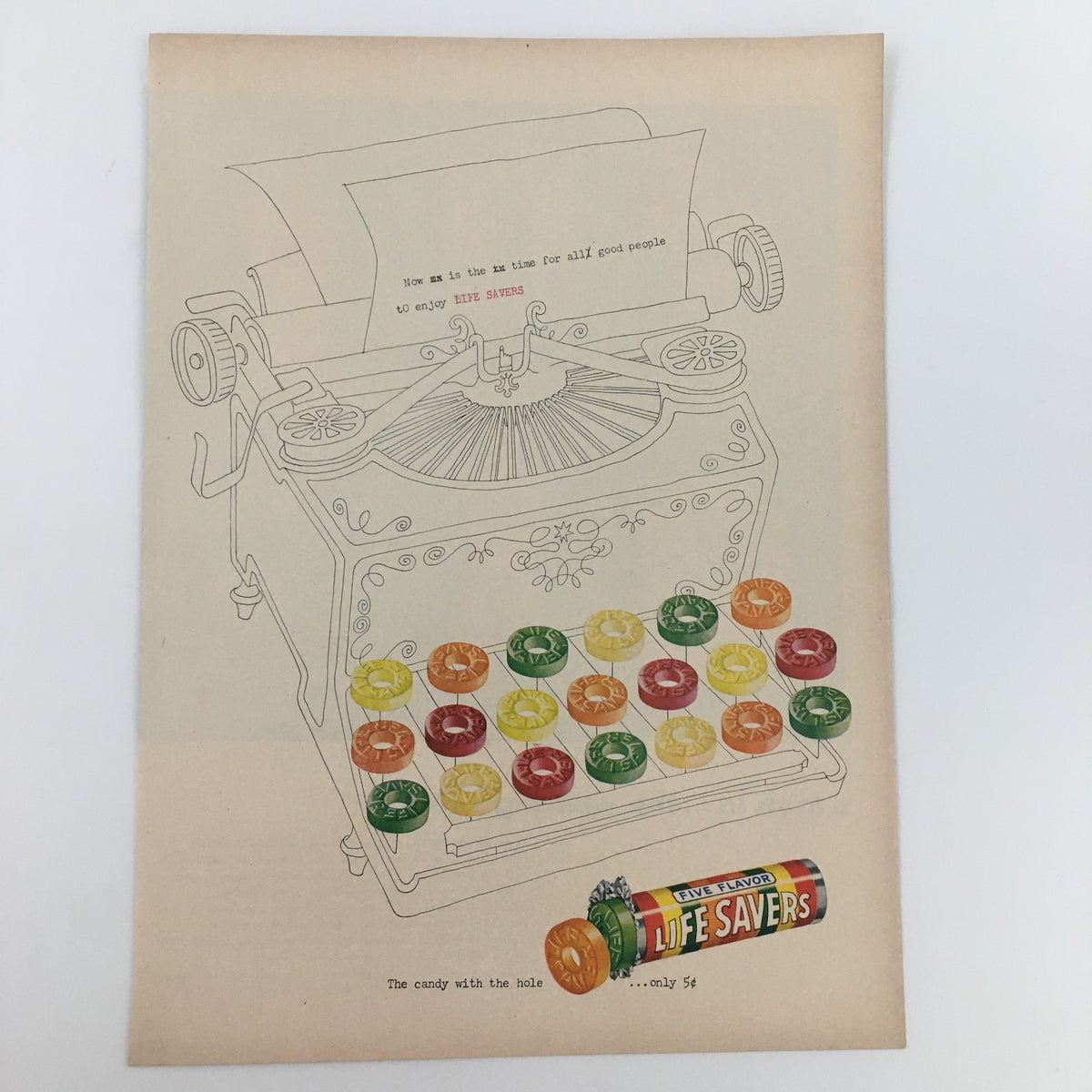 1950 Van Gab Silky-Smooth Gabardine Sport Shirts Print Ad featuring a vintage typewriter illustration surrounded by colorful Life Savers candy. This unique print displays the nostalgic charm of mid-20th century advertising.