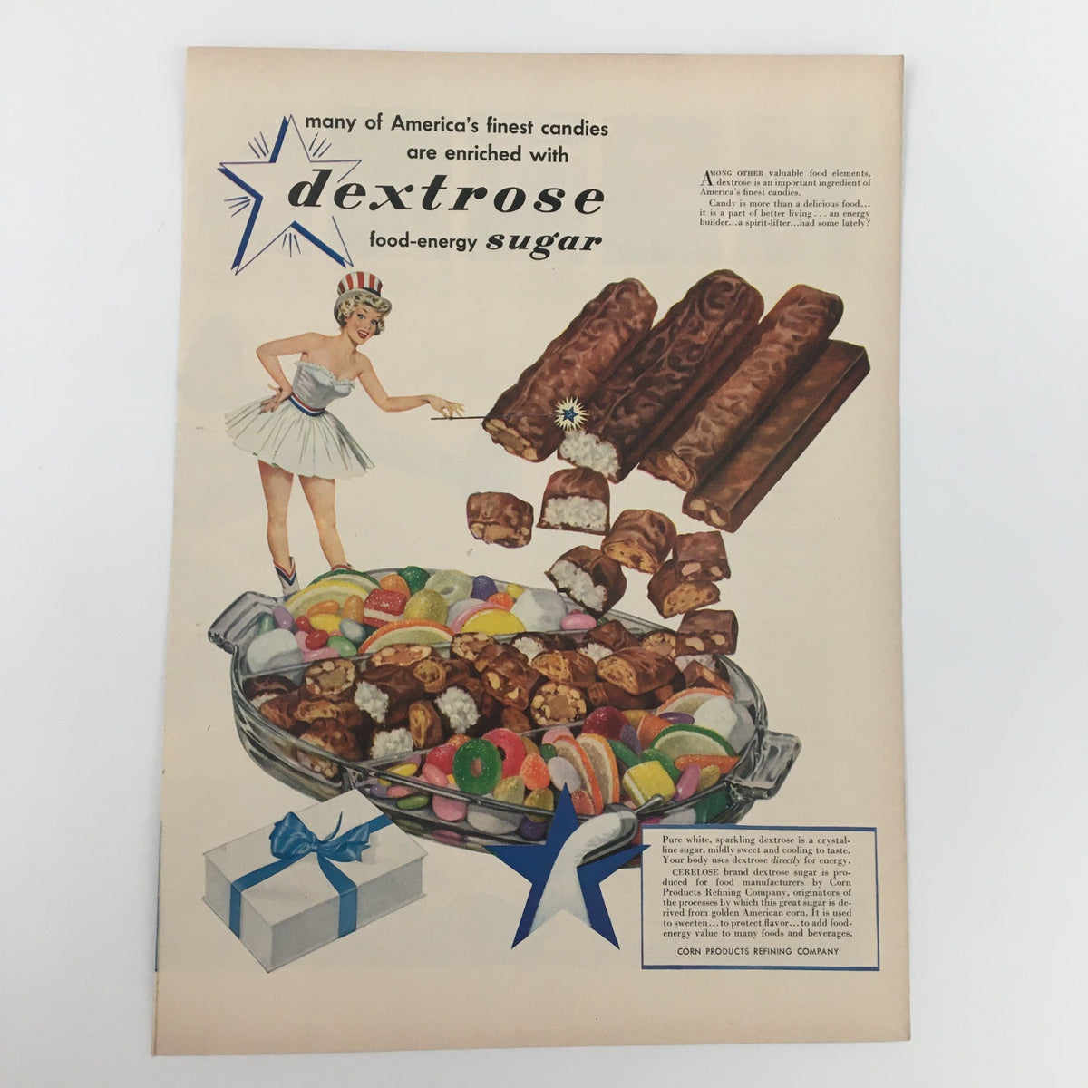 1950 Dextrose Food-Energy Sugar America’s Finest Candies Print Ad showcasing a colorful assortment of candies in a bowl, with a cheerful woman in vintage attire and chocolate bars prominently featured, ideal for vintage advertising enthusiasts.