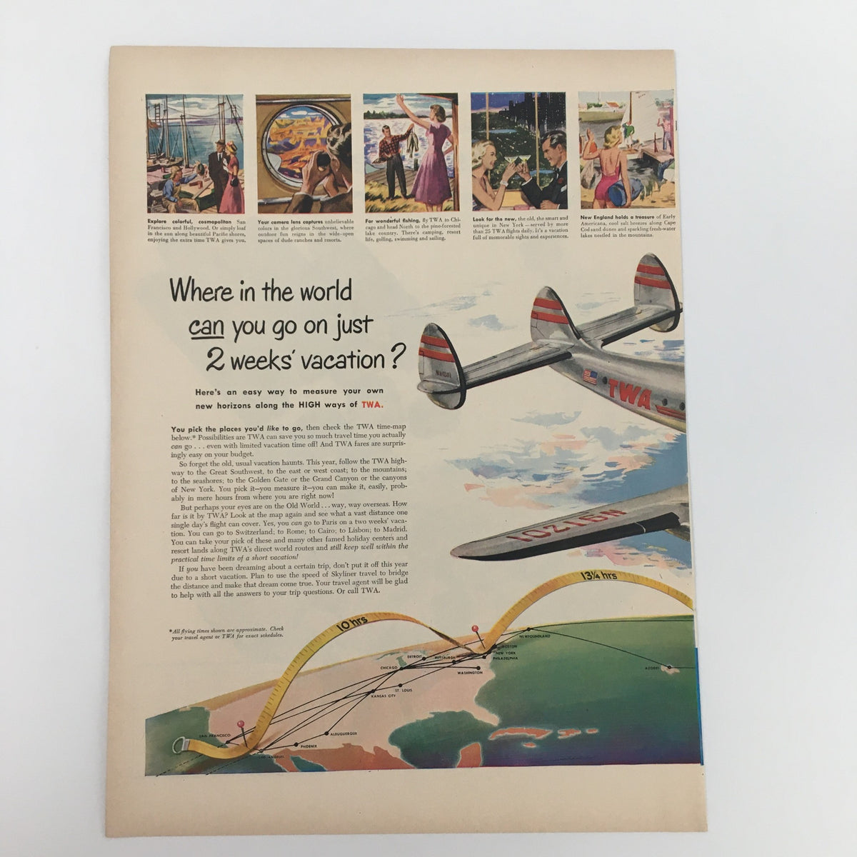 An illustrated vintage advertisement titled 'Where in the world can you go on just 2 weeks’ vacation?' highlighting TWA travel opportunities alongside scenic destinations, part of the 1950 Dextrose Food-Energy Sugar America’s Finest Candies Print Ad collection.